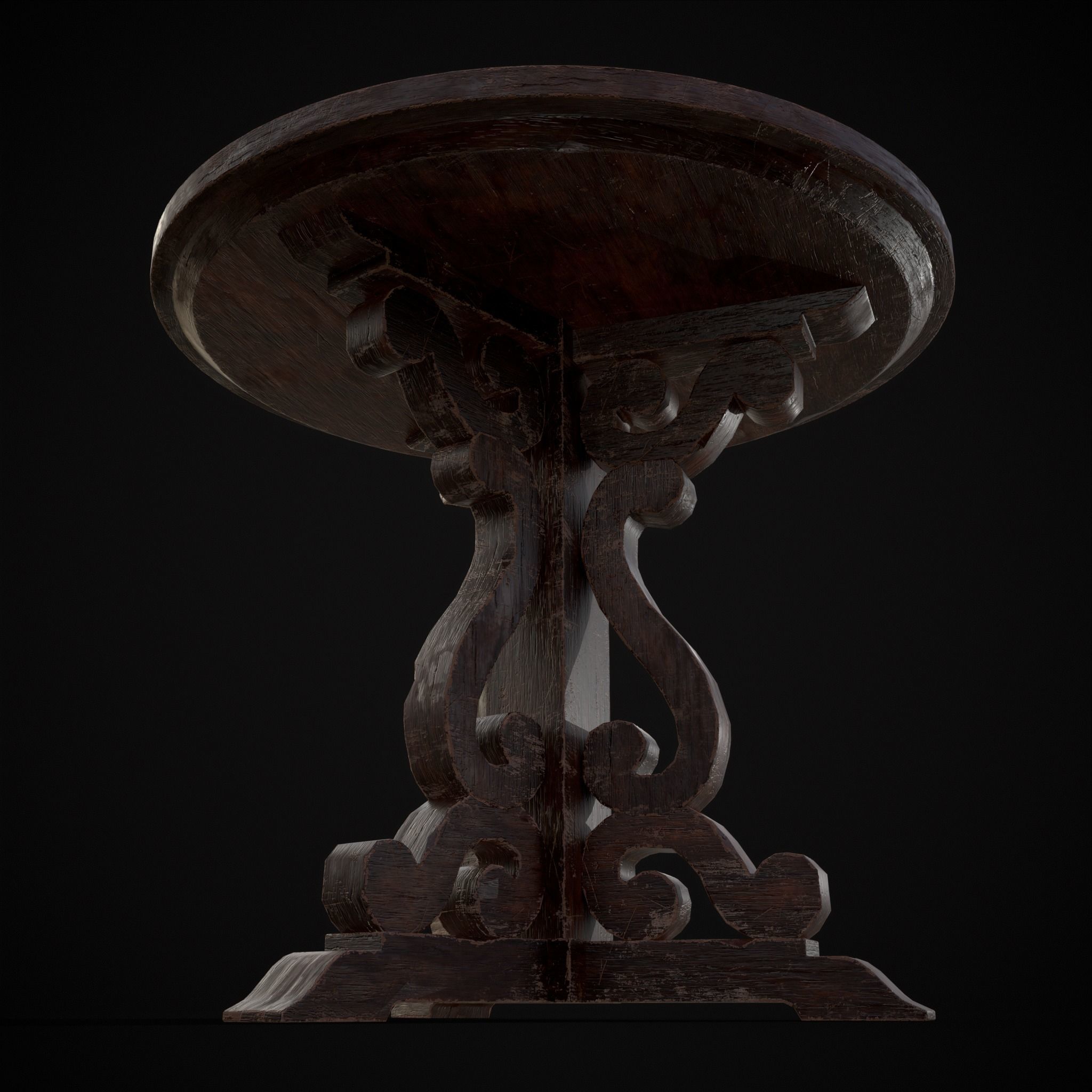 Medieval Mahogany Antique Three Legged Round Table Low-poly 3D model_23