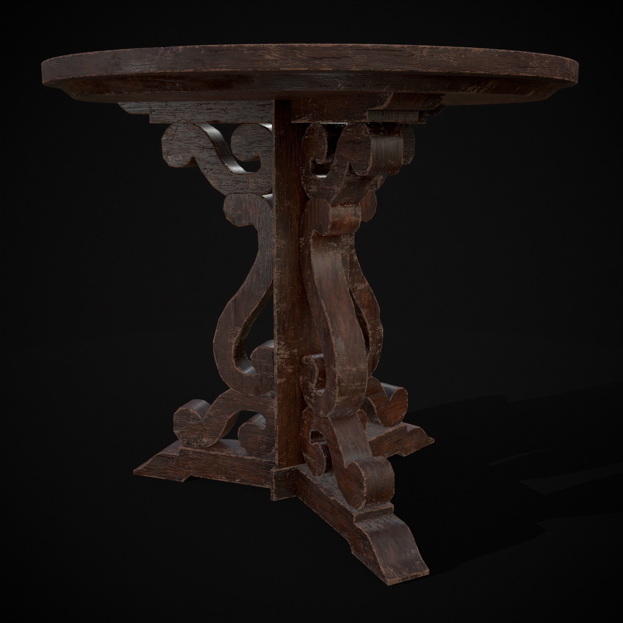 Medieval Mahogany Antique Three Legged Round Table Low-poly 3D model_15