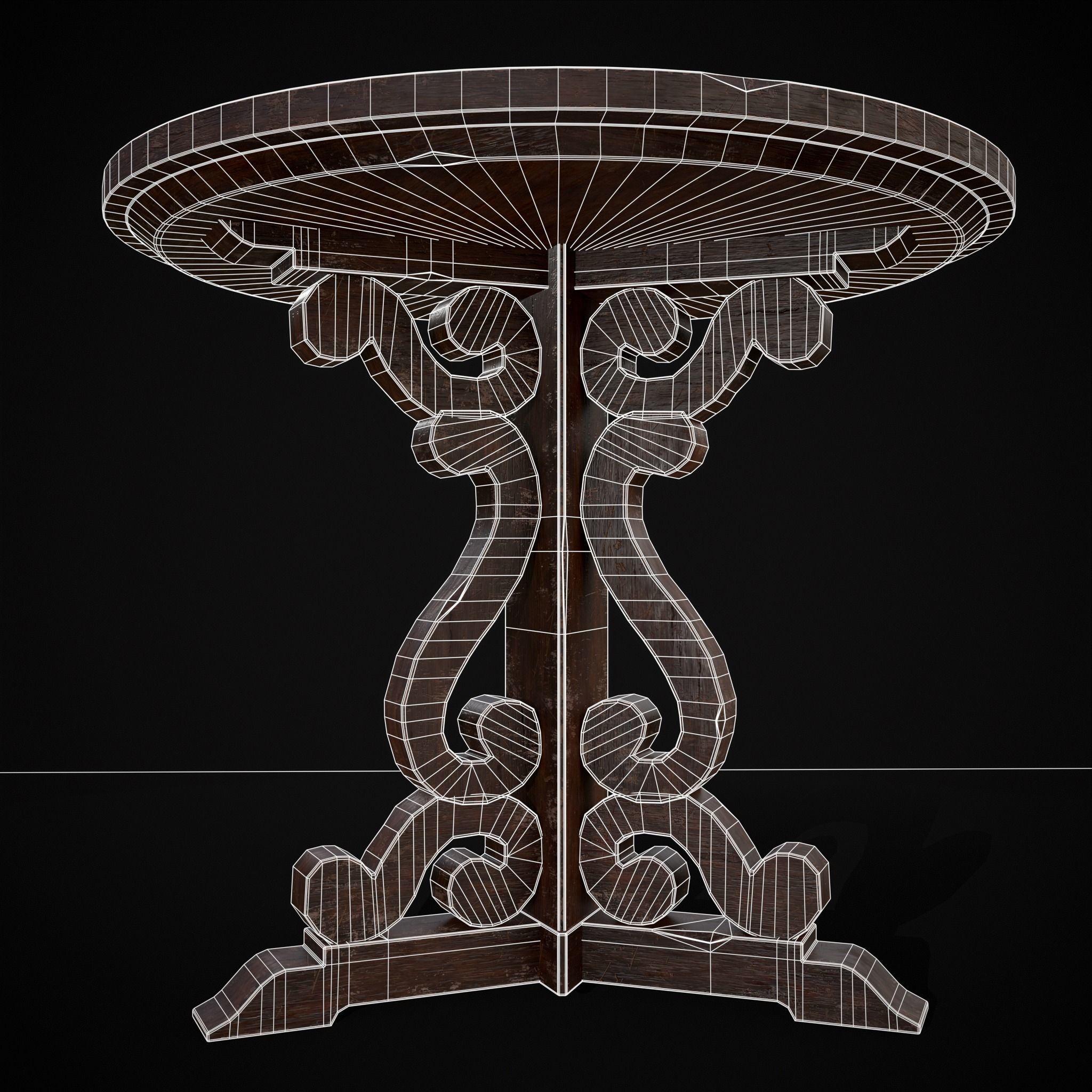 Medieval Mahogany Antique Three Legged Round Table Low-poly 3D model_20