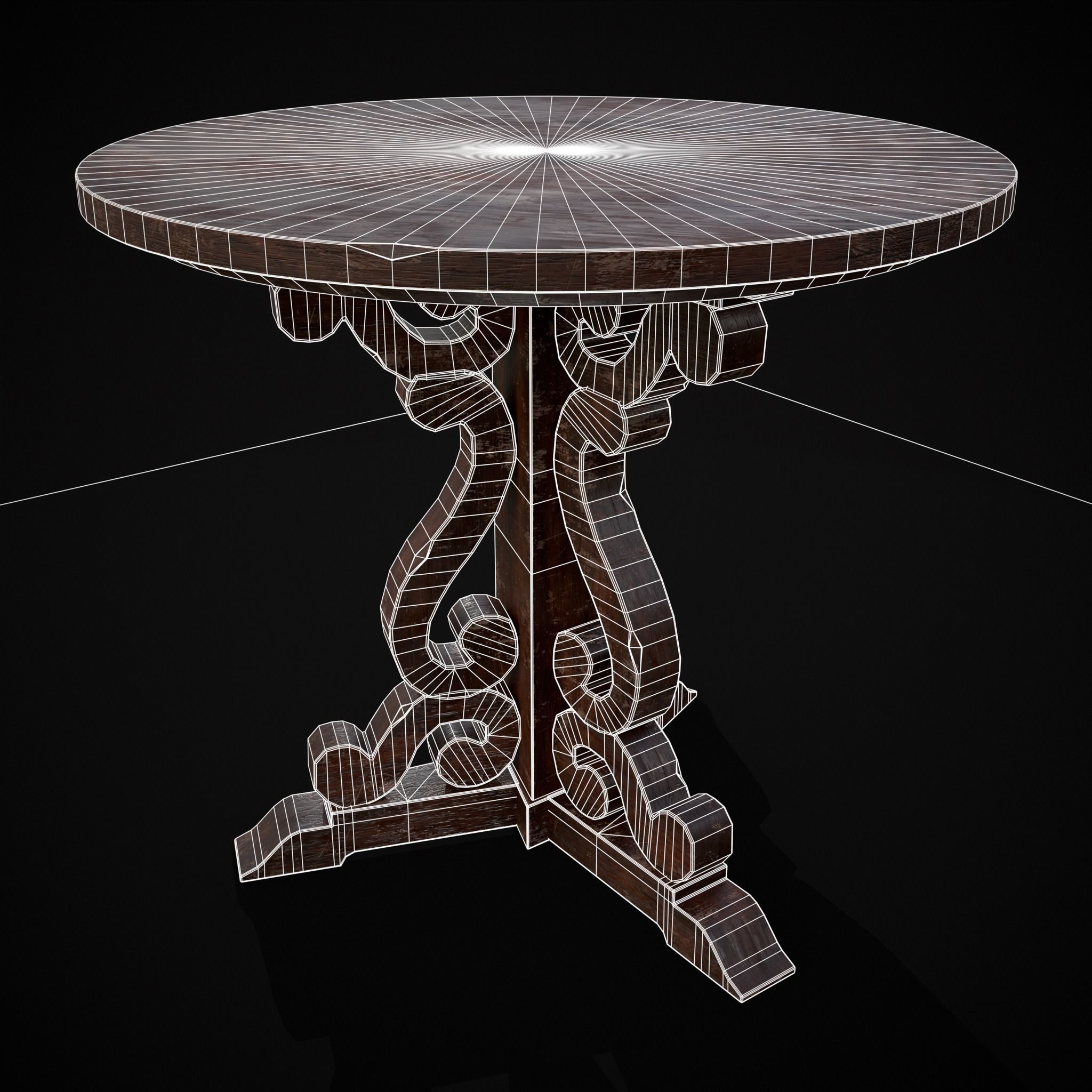 Medieval Mahogany Antique Three Legged Round Table Low-poly 3D model_30