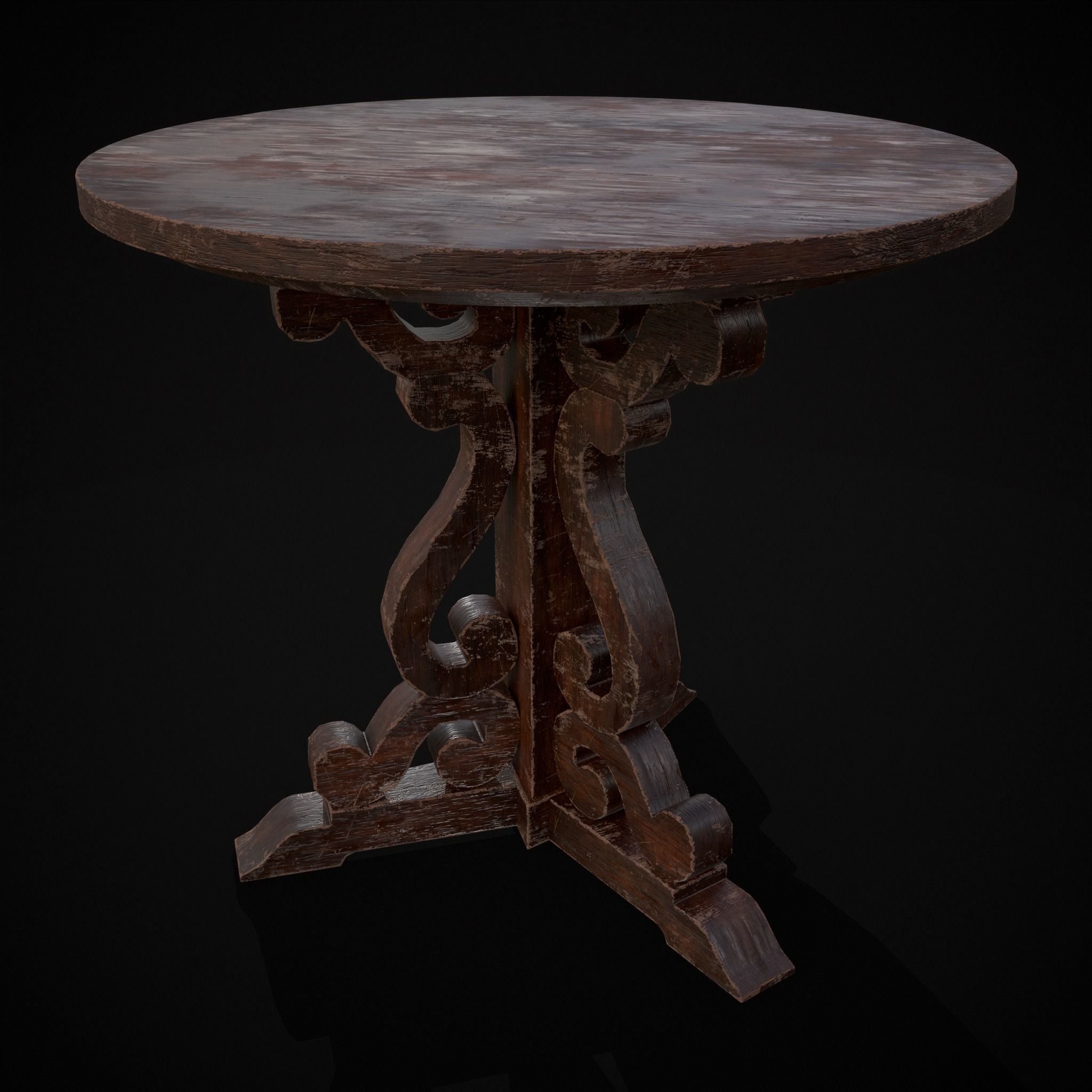 Medieval Mahogany Antique Three Legged Round Table Low-poly 3D model_29