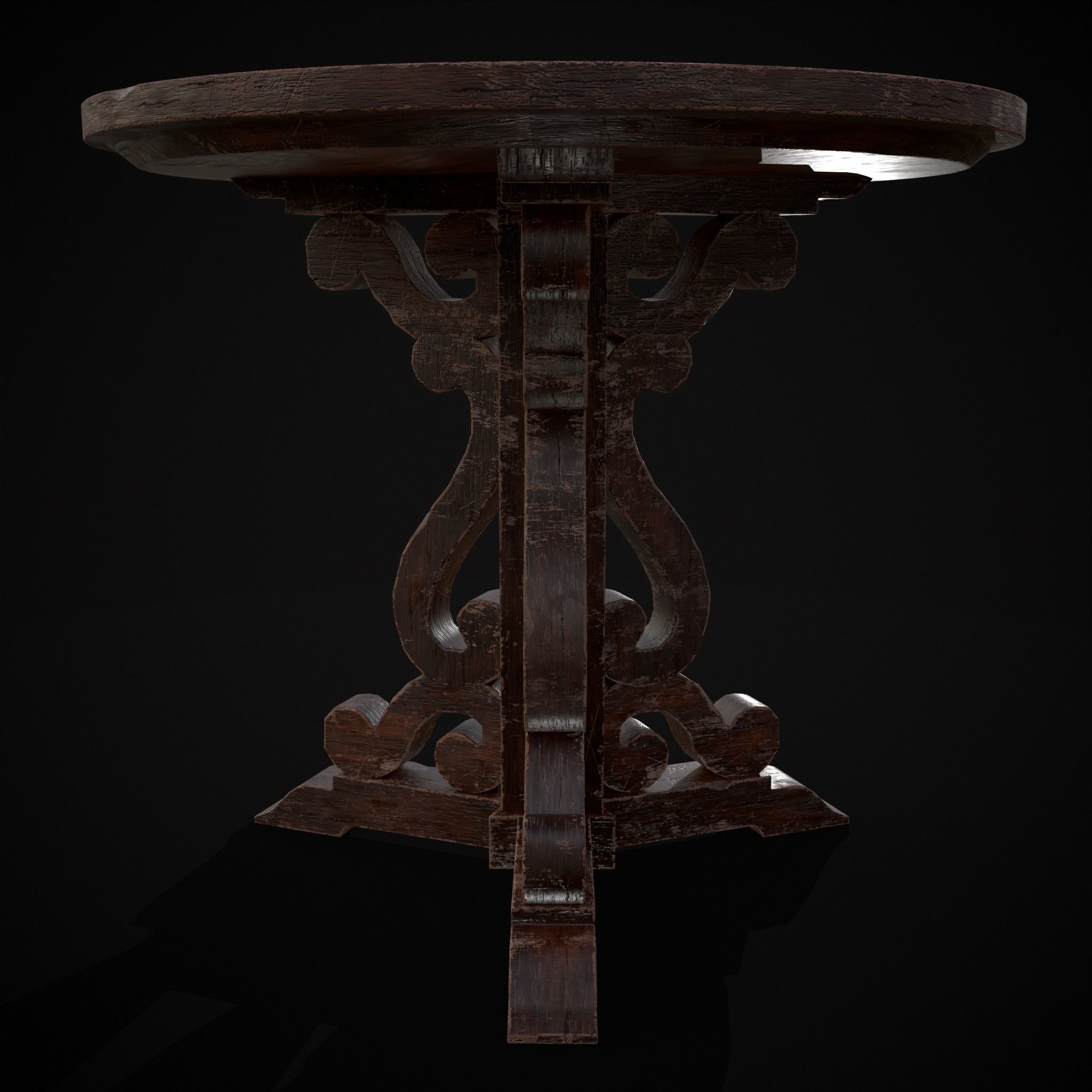 Medieval Mahogany Antique Three Legged Round Table Low-poly 3D model_21