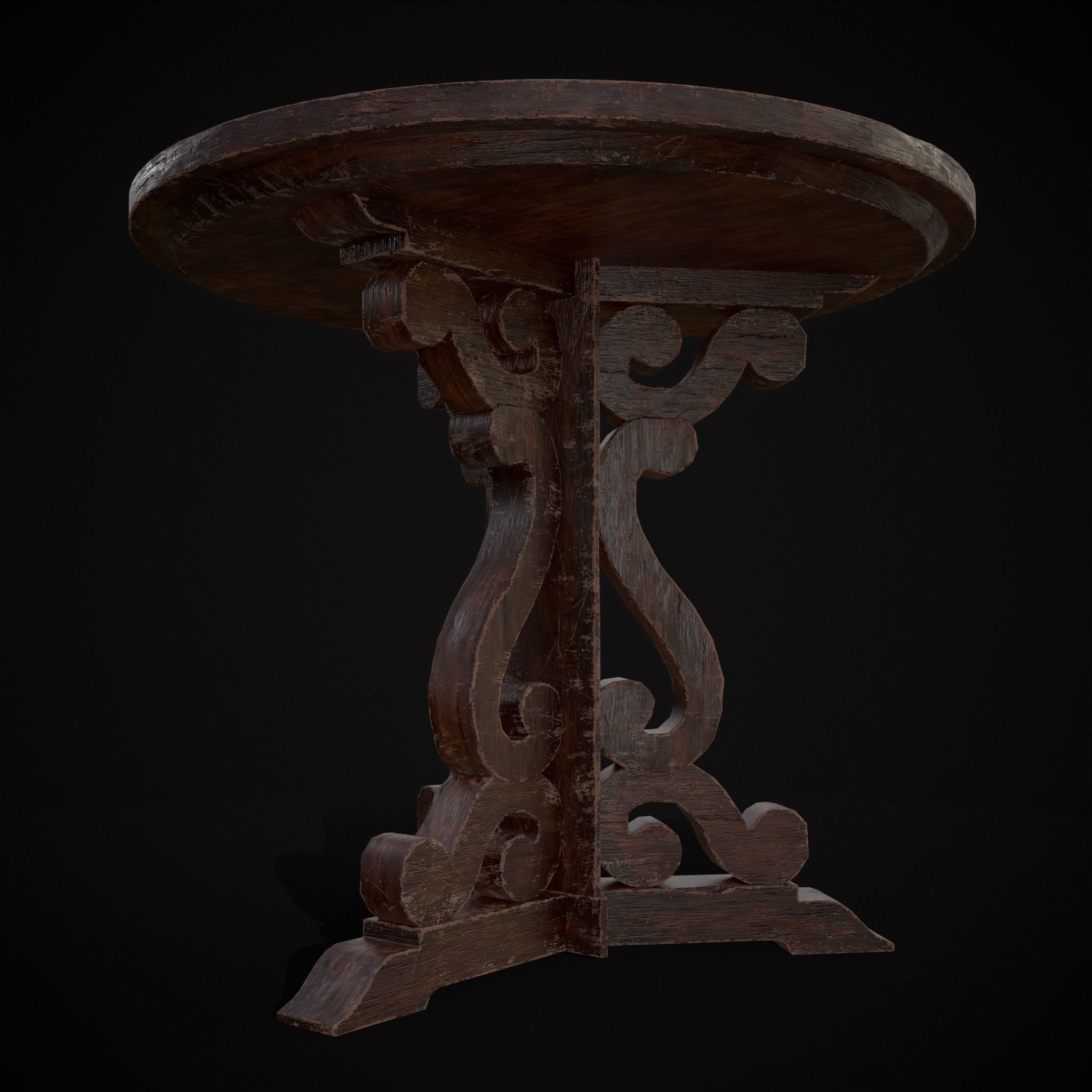 Medieval Mahogany Antique Three Legged Round Table Low-poly 3D model_27