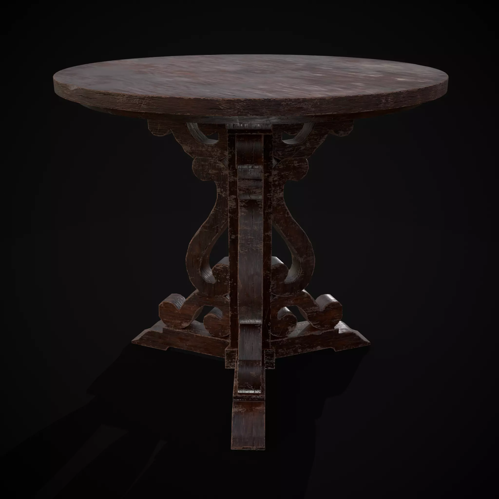Medieval Mahogany Antique Three Legged Round Table Low-poly 3D model_0