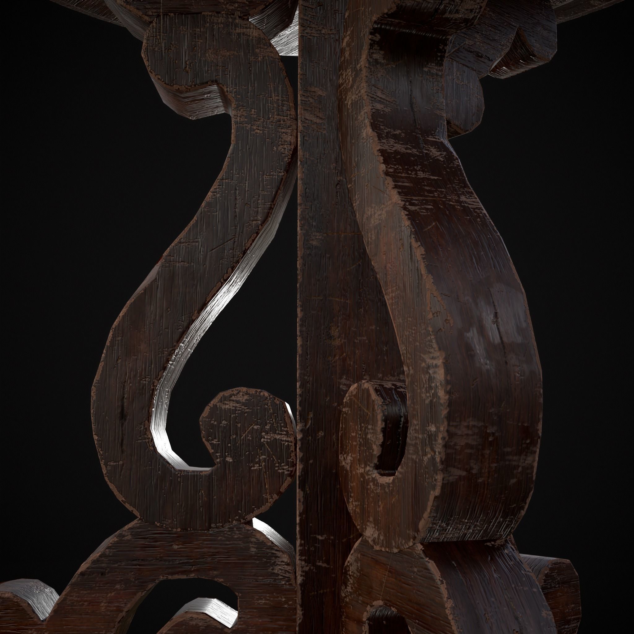 Medieval Mahogany Antique Three Legged Round Table Low-poly 3D model_11