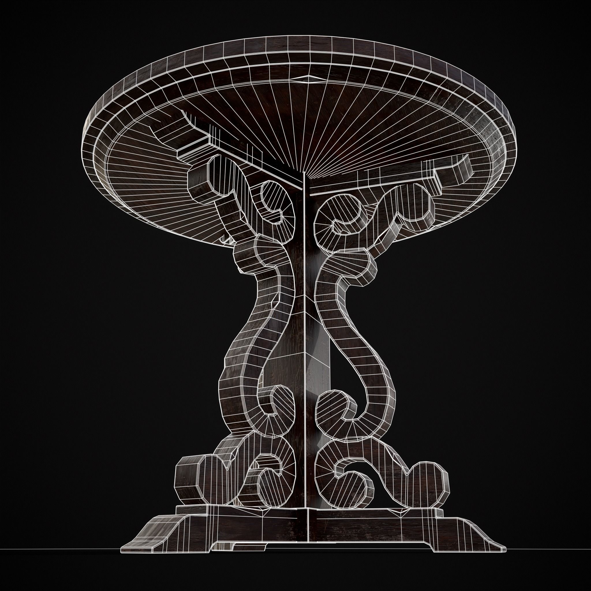 Medieval Mahogany Antique Three Legged Round Table Low-poly 3D model_24