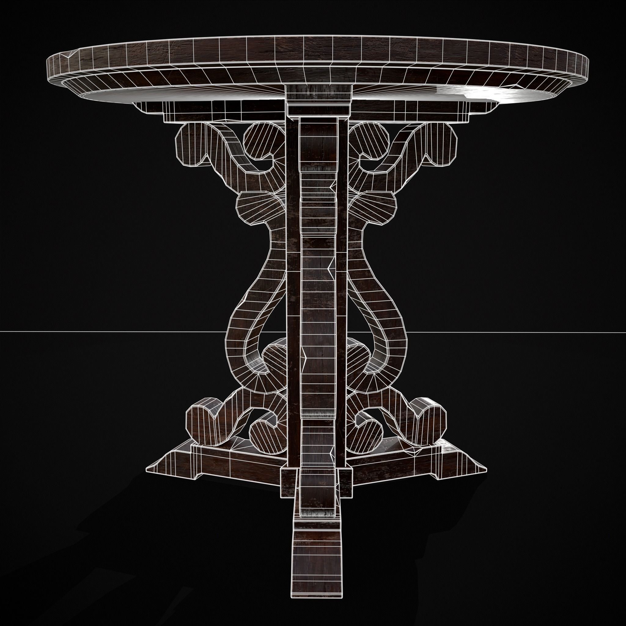 Medieval Mahogany Antique Three Legged Round Table Low-poly 3D model_22