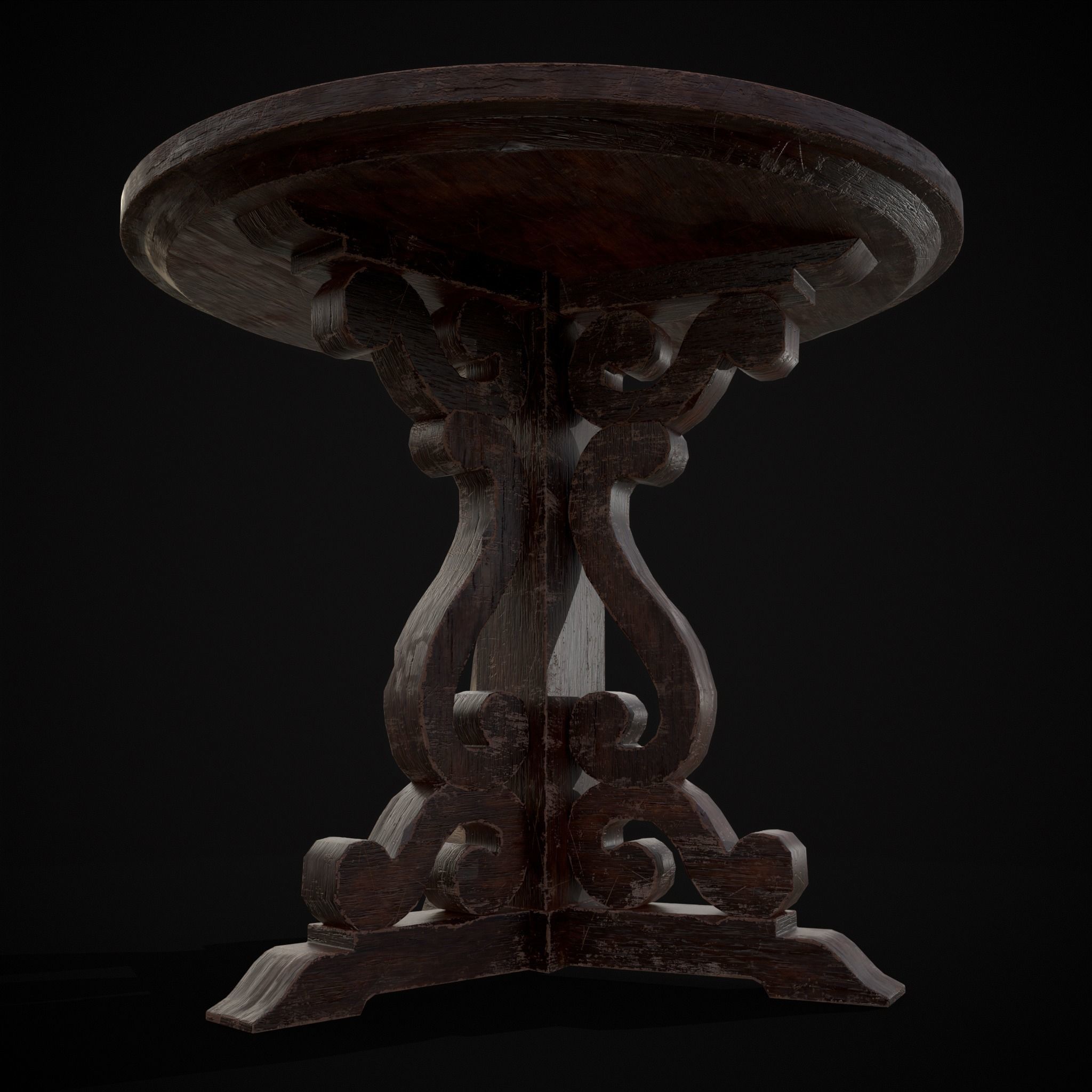 Medieval Mahogany Antique Three Legged Round Table Low-poly 3D model_3