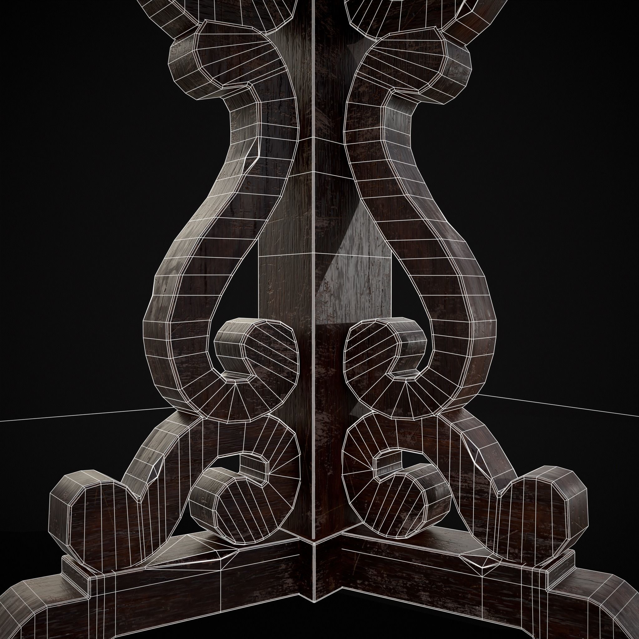 Medieval Mahogany Antique Three Legged Round Table Low-poly 3D model_6