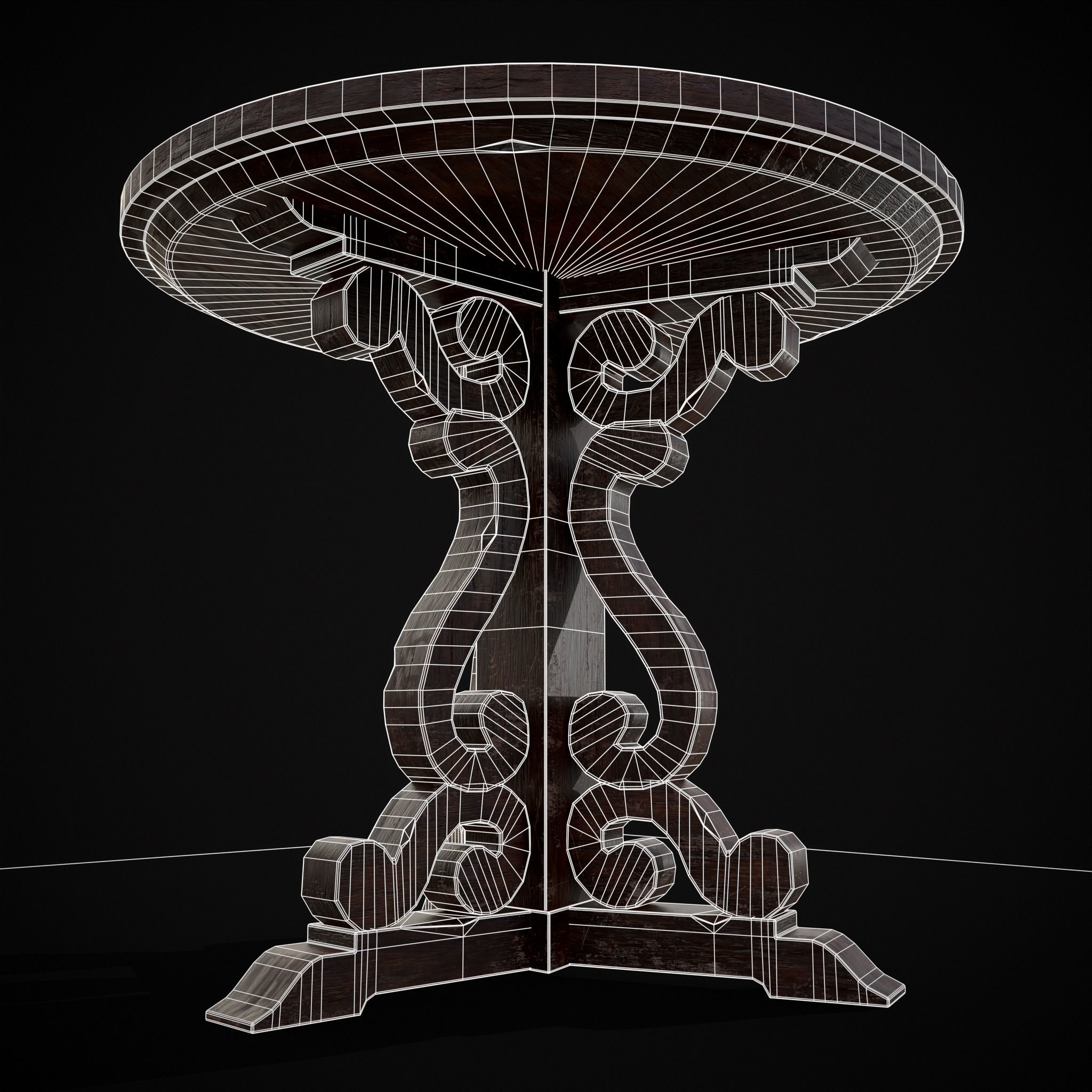 Medieval Mahogany Antique Three Legged Round Table Low-poly 3D model_4