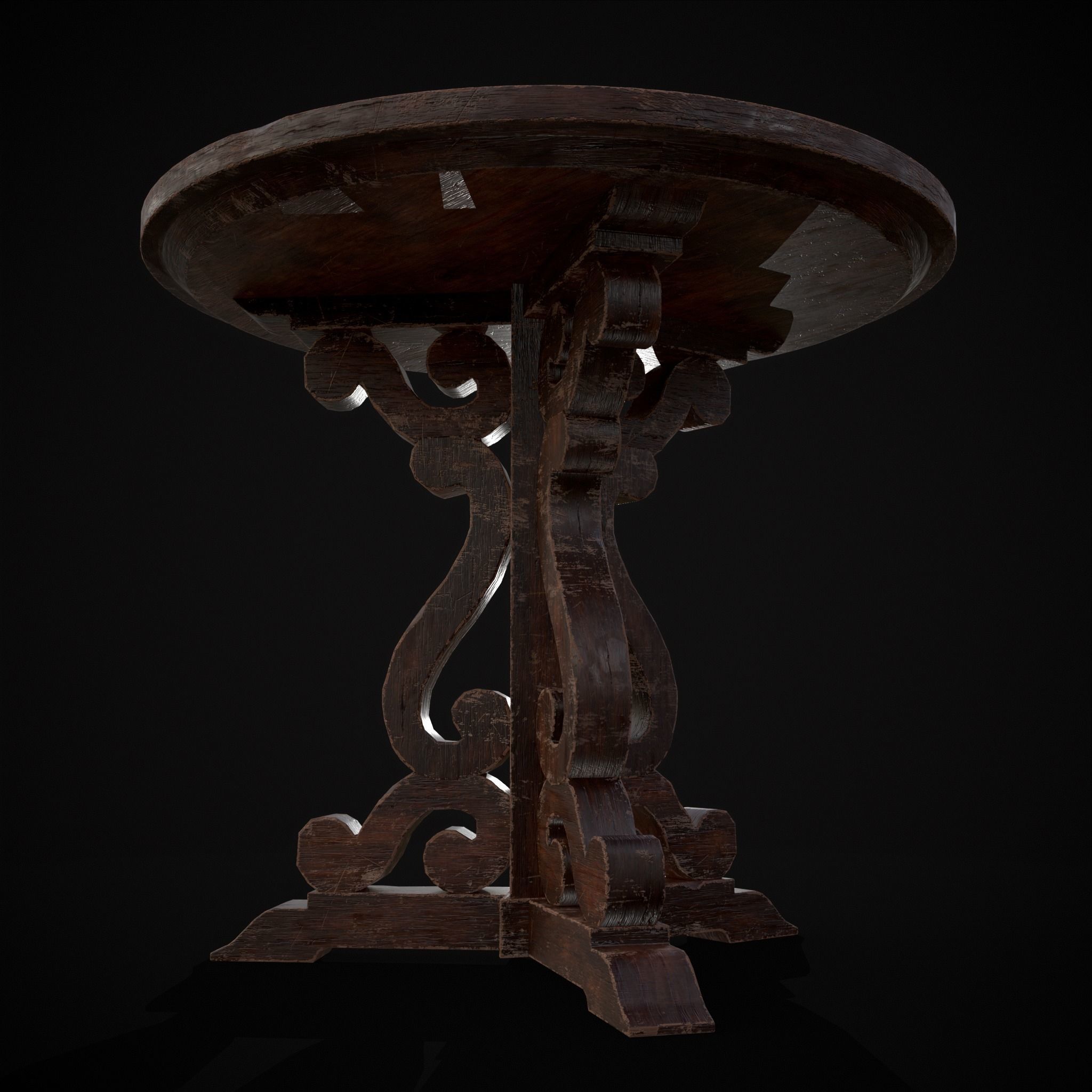 Medieval Mahogany Antique Three Legged Round Table Low-poly 3D model_9