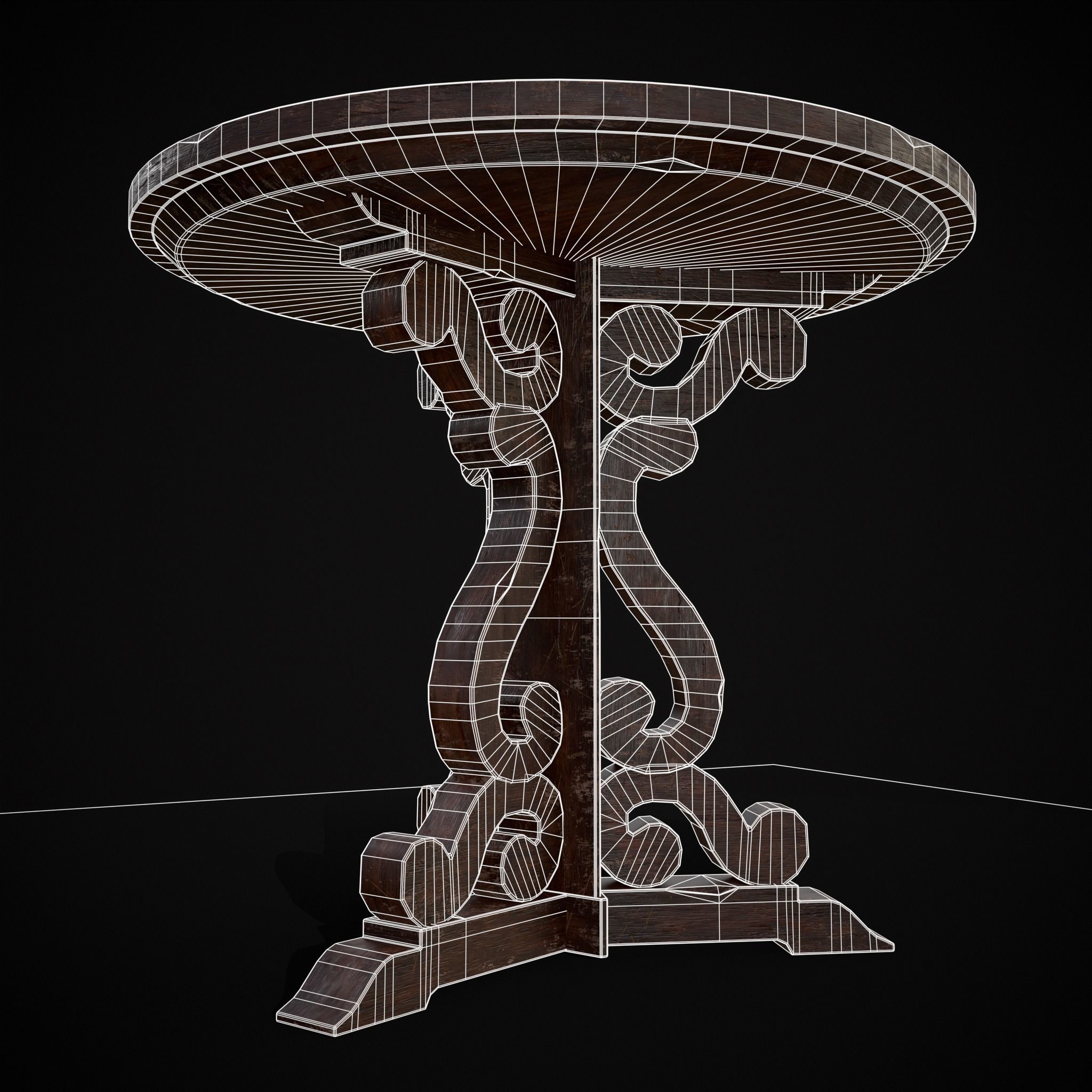 Medieval Mahogany Antique Three Legged Round Table Low-poly 3D model_28