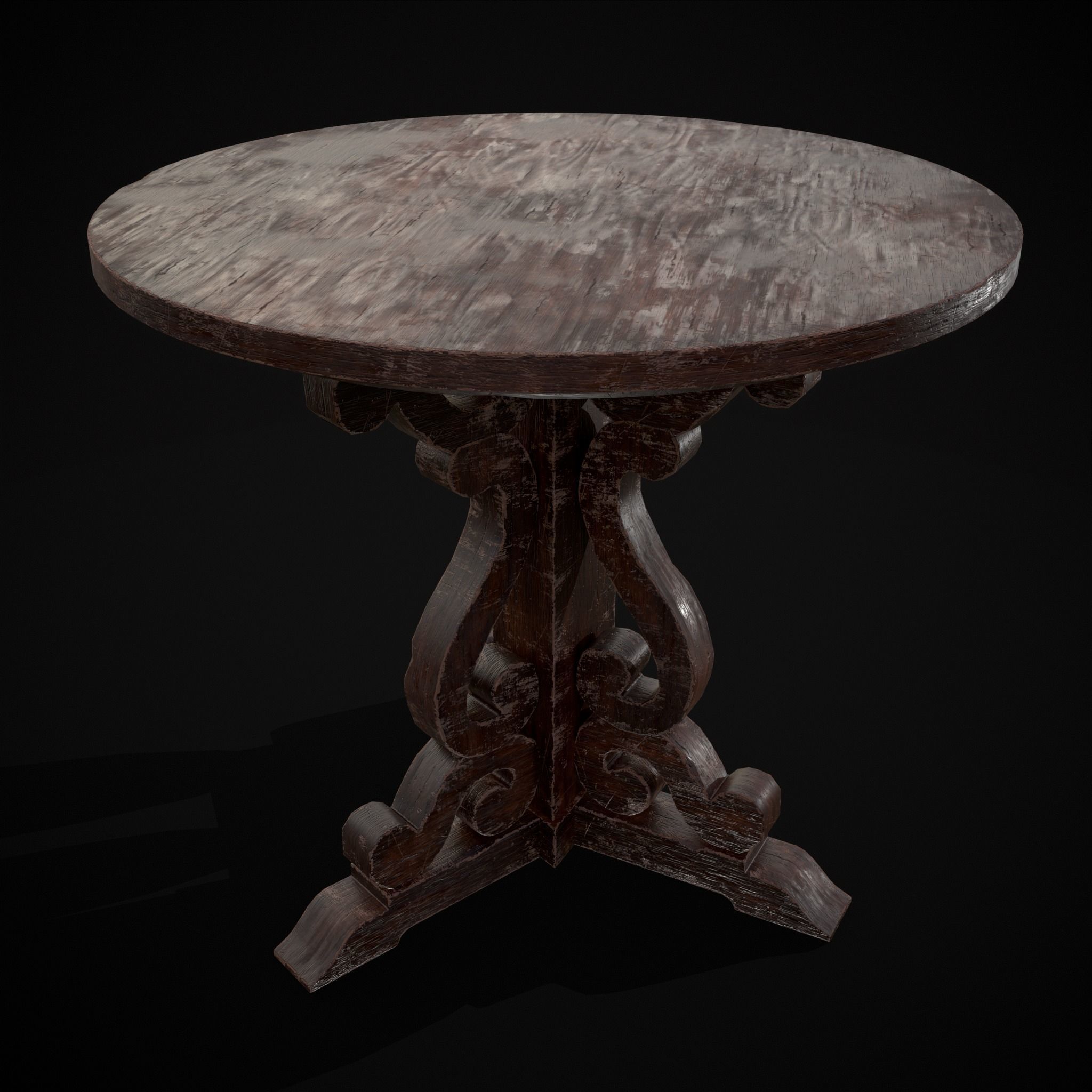 Medieval Mahogany Antique Three Legged Round Table Low-poly 3D model_25