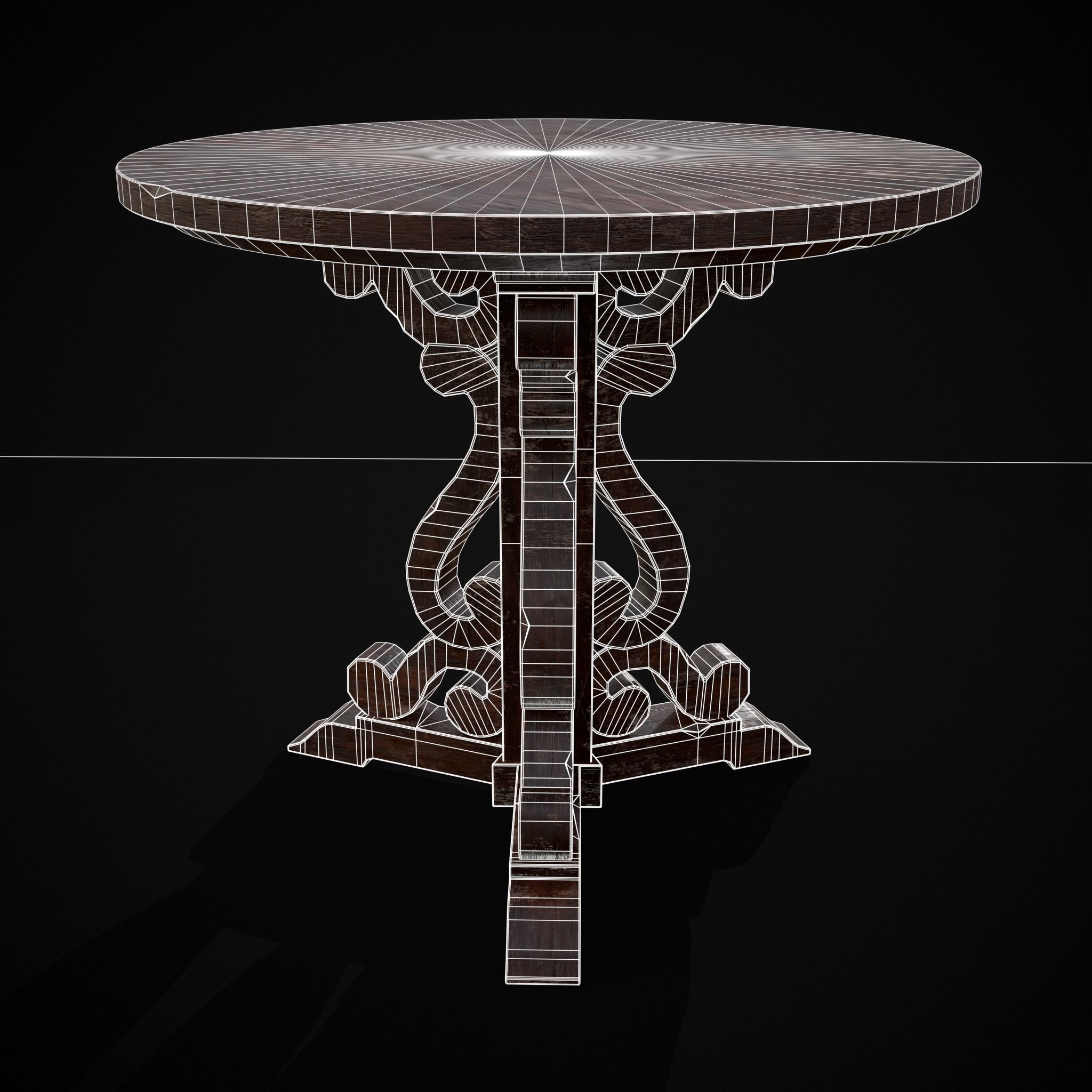 Medieval Mahogany Antique Three Legged Round Table Low-poly 3D model_2