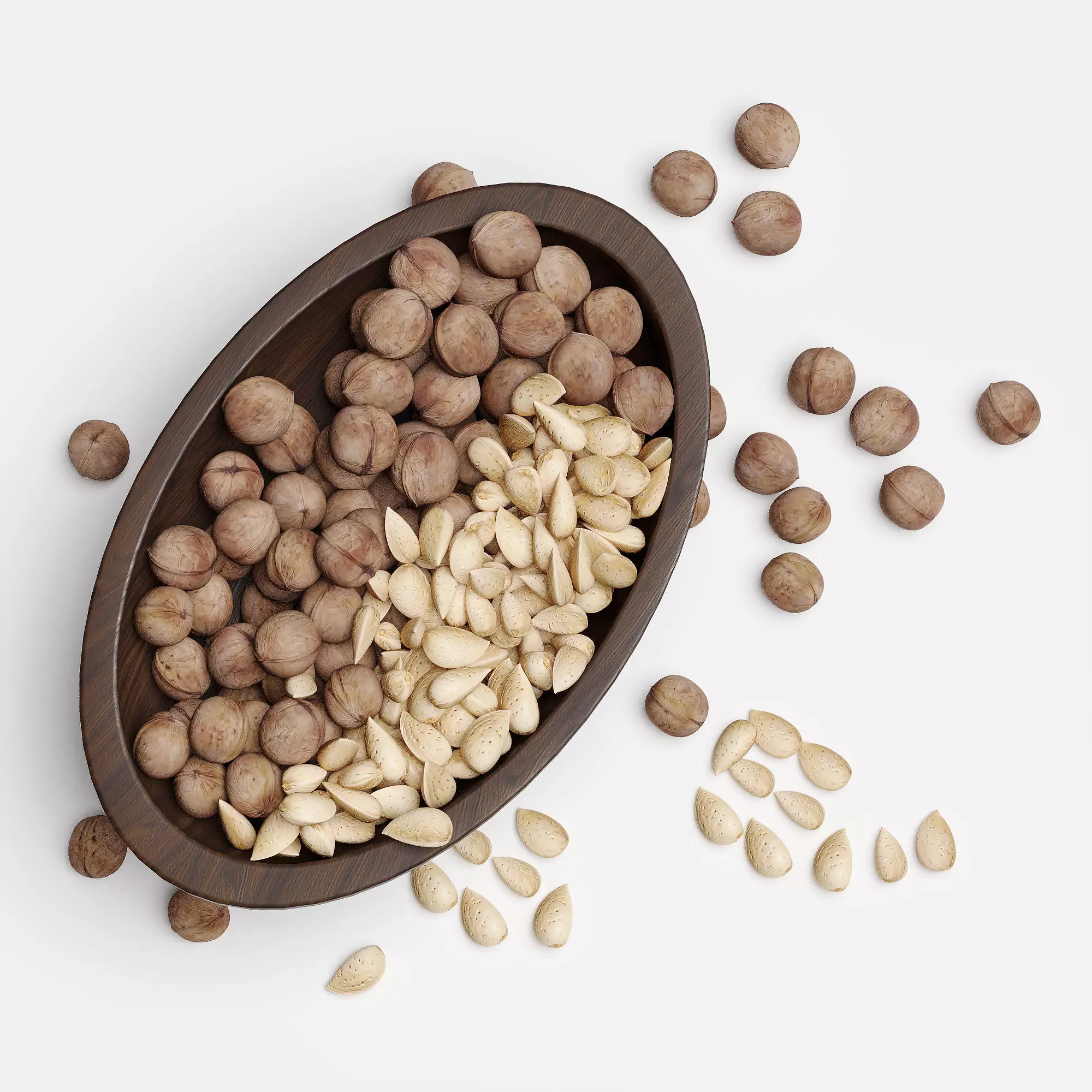 walnut-almond nuts in wooden bowl Free 3D model