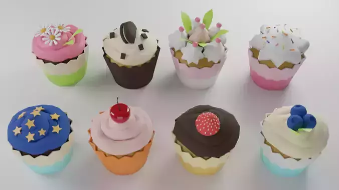 Lowpoly Cupcake Set cupcakes with icing and decorations Low-poly 3D model
