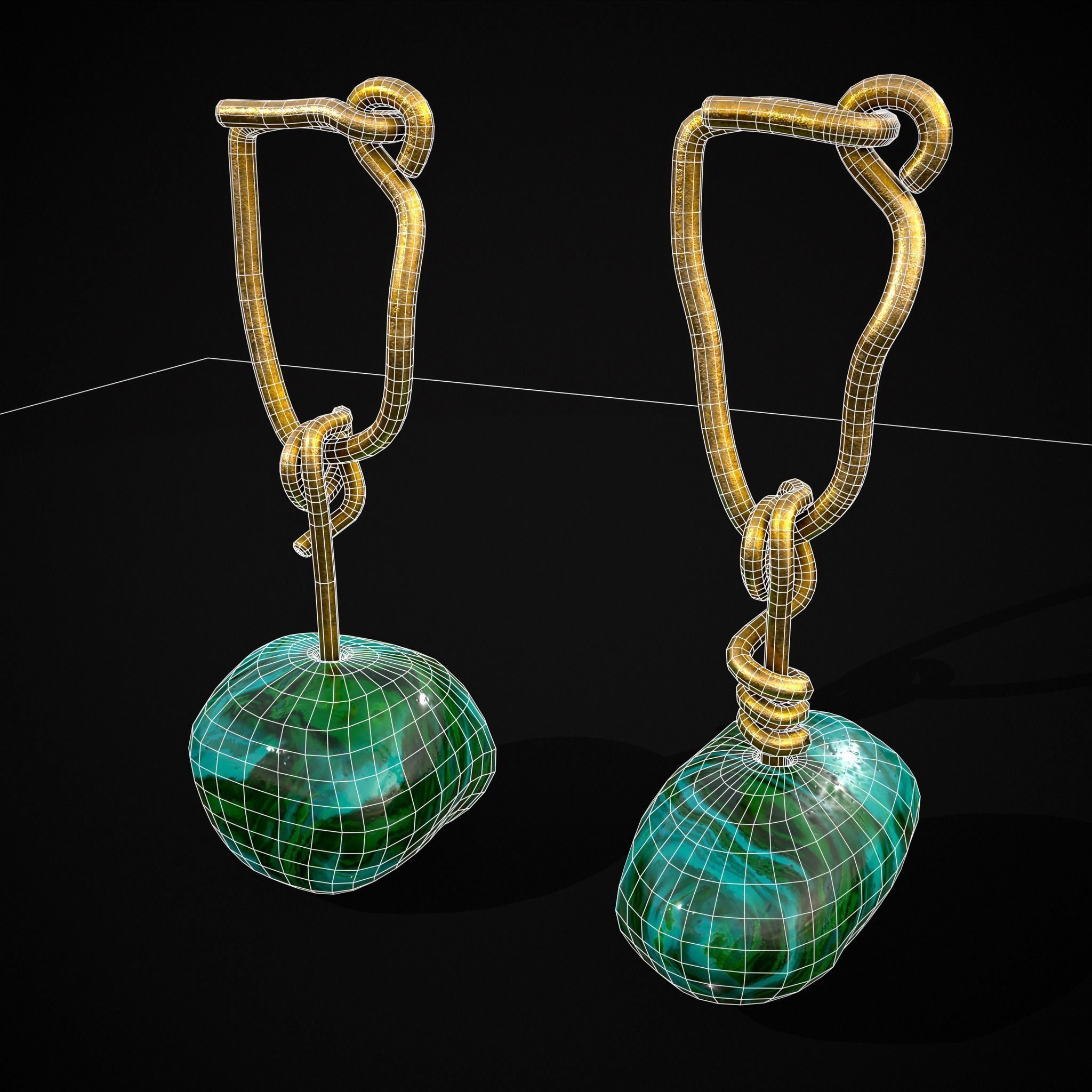 Gold Hand Made Malachite Stone Earrings  Low-poly 3D model_22