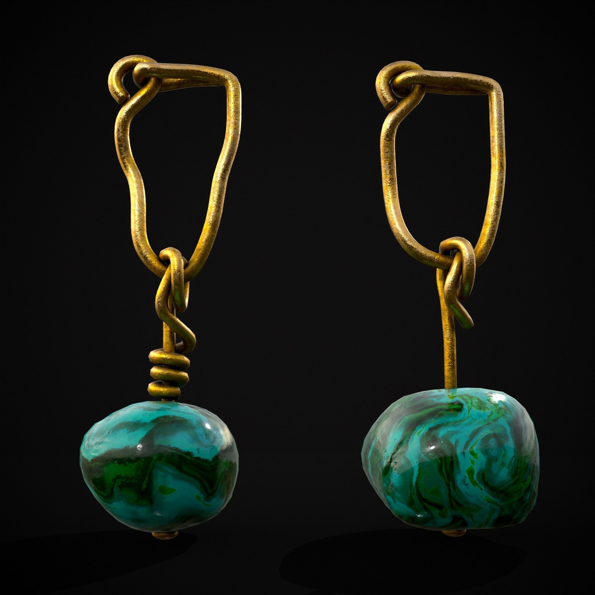 Gold Hand Made Malachite Stone Earrings  Low-poly 3D model_20