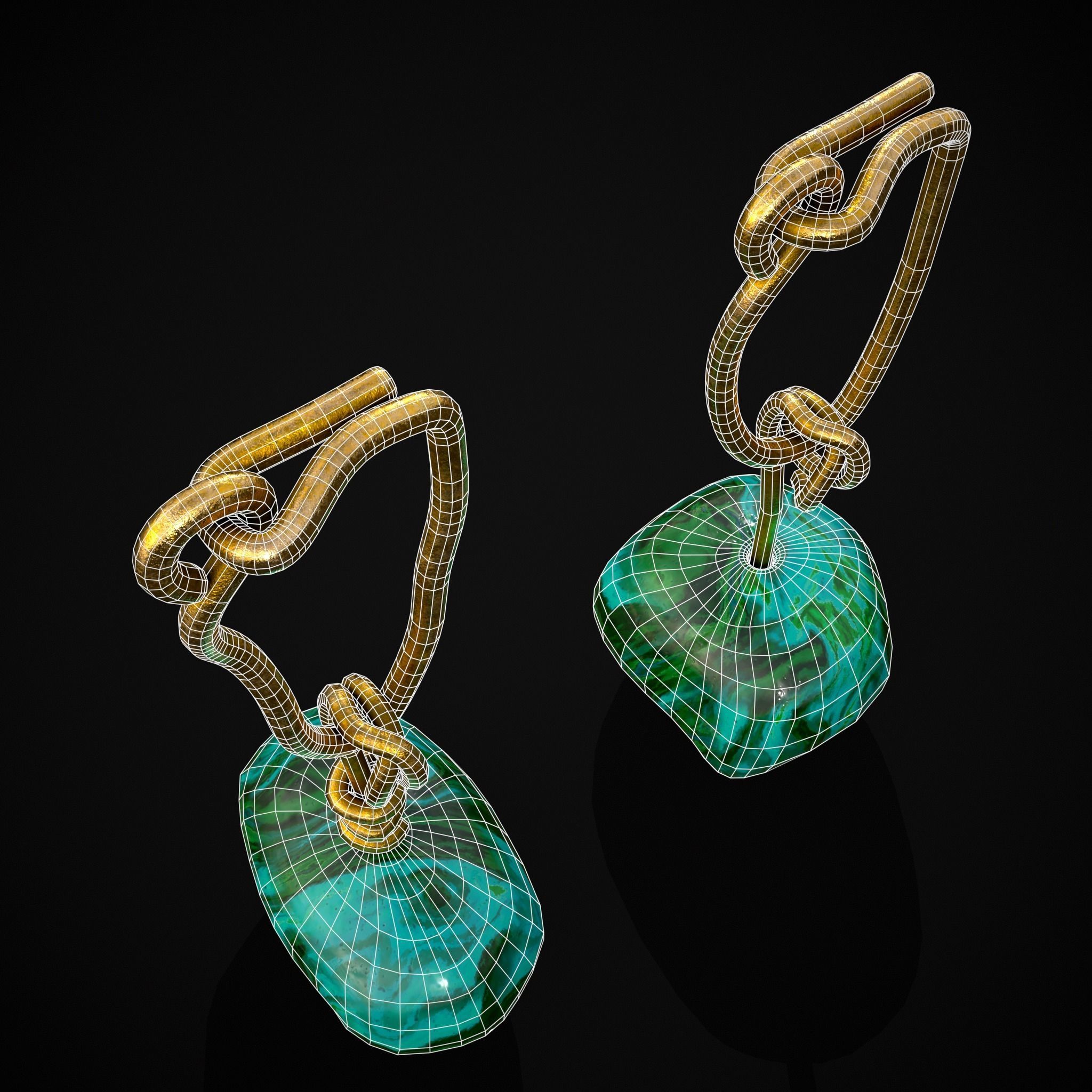 Gold Hand Made Malachite Stone Earrings  Low-poly 3D model_16