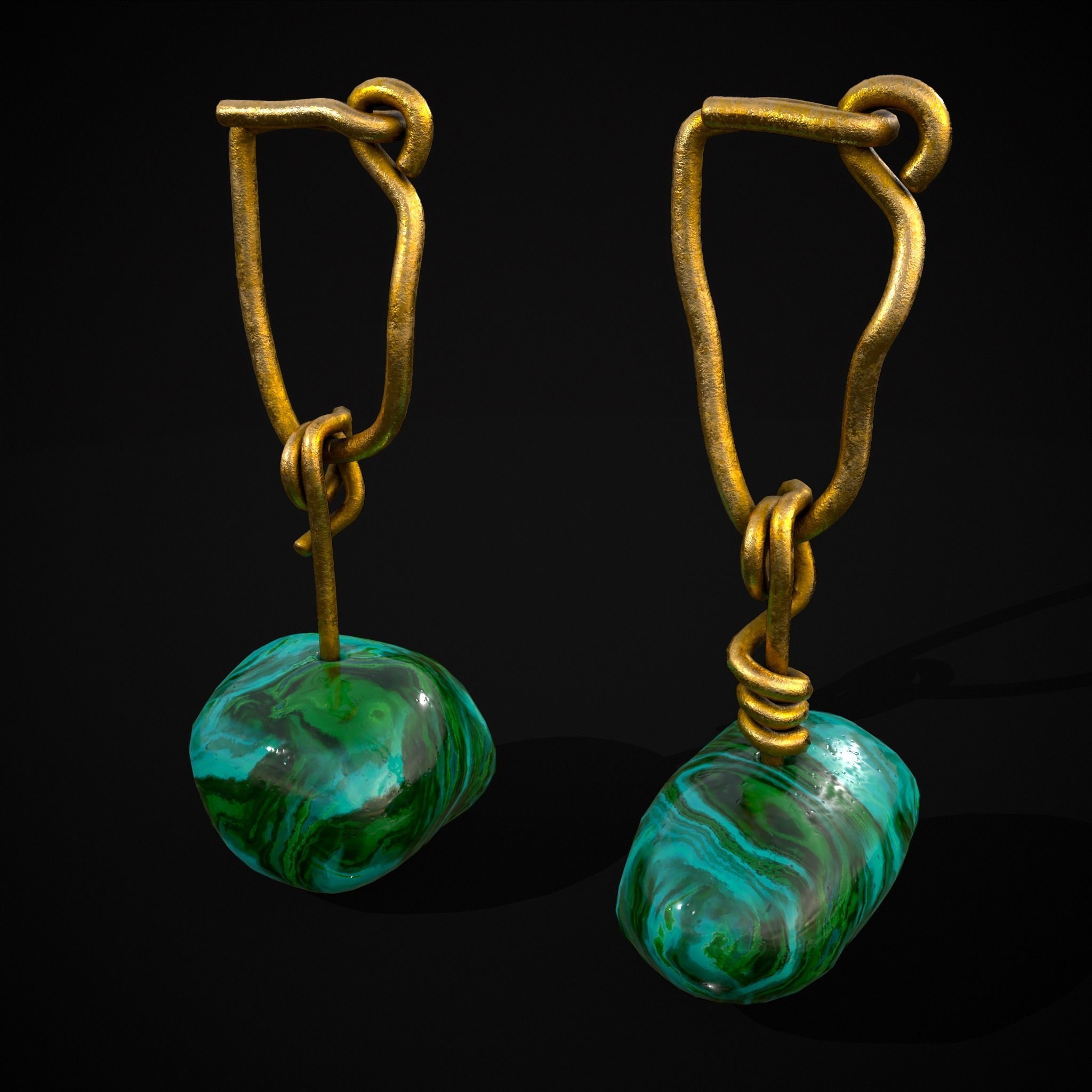 Gold Hand Made Malachite Stone Earrings  Low-poly 3D model_11