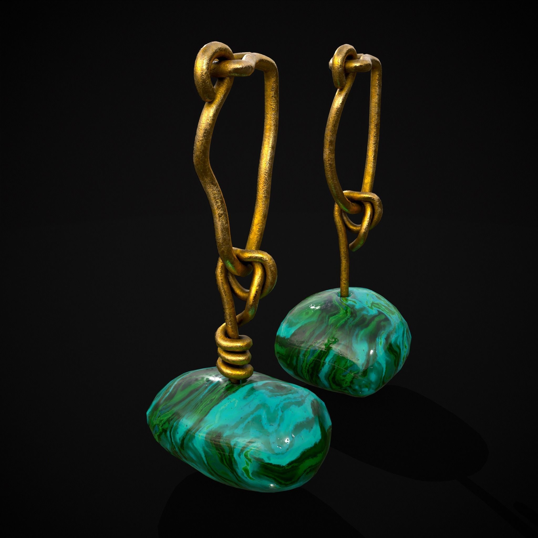 Gold Hand Made Malachite Stone Earrings  Low-poly 3D model_21