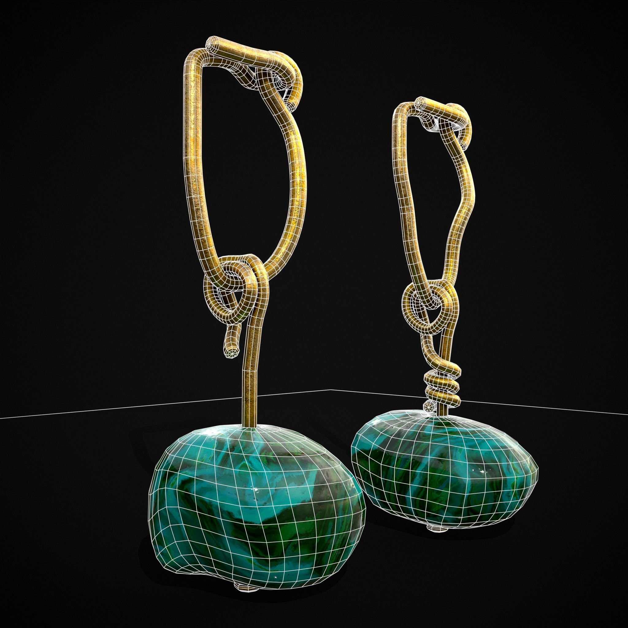 Gold Hand Made Malachite Stone Earrings  Low-poly 3D model_12