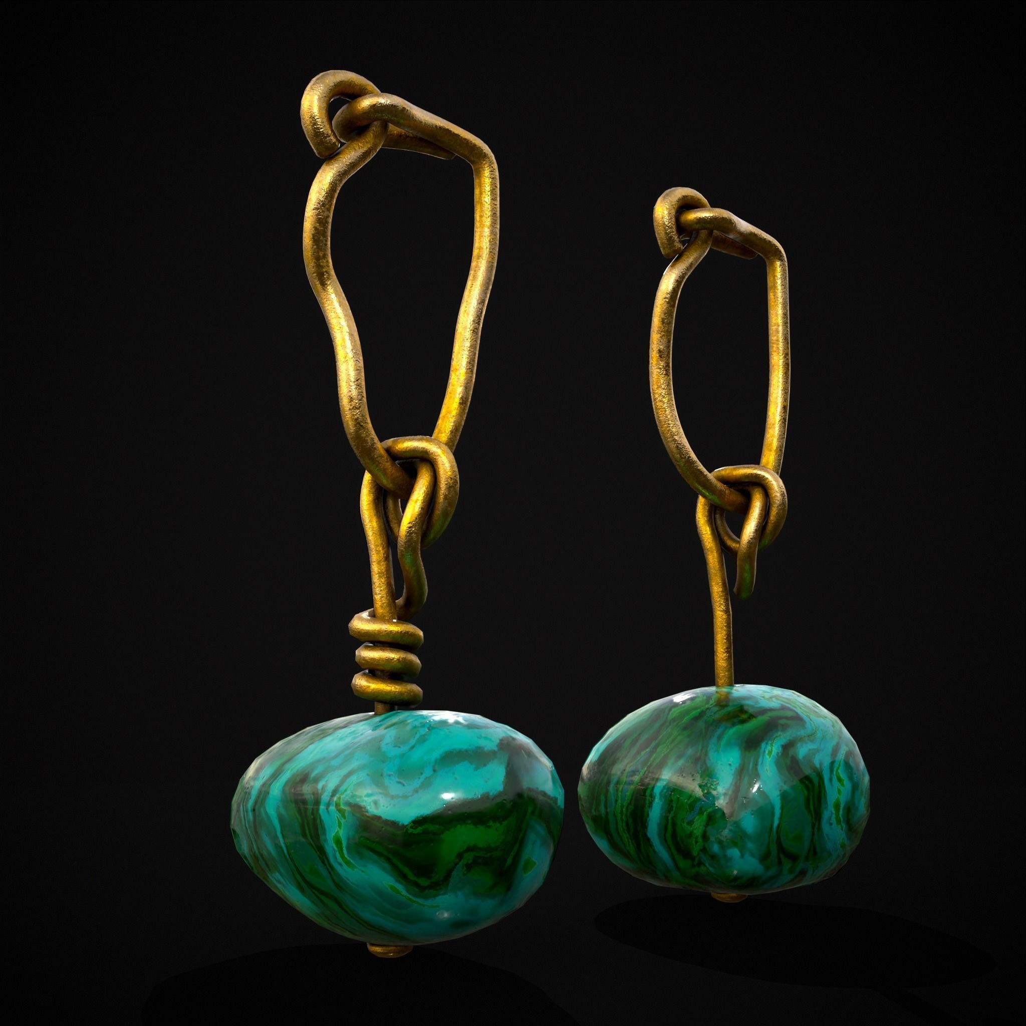 Gold Hand Made Malachite Stone Earrings  Low-poly 3D model_13