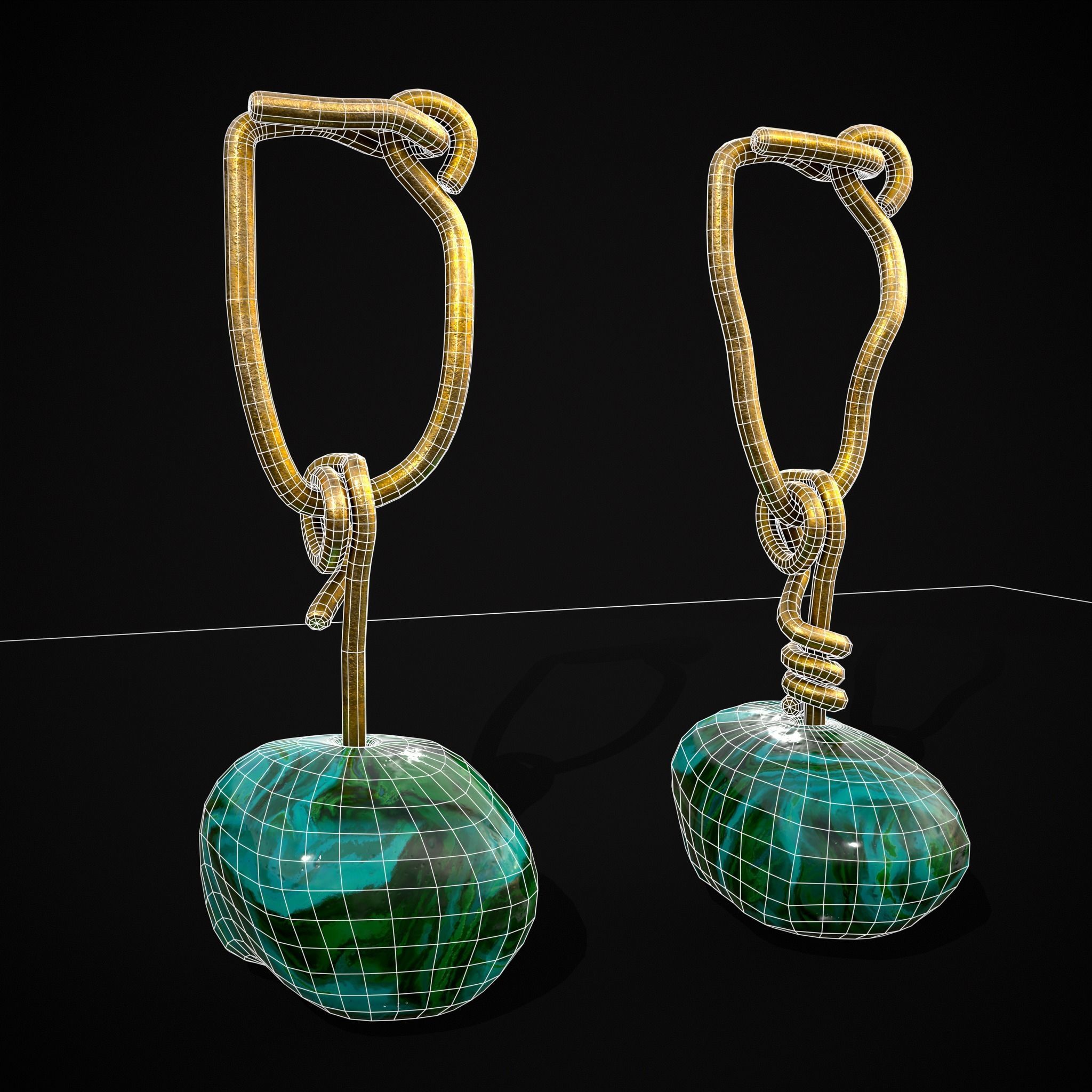 Gold Hand Made Malachite Stone Earrings  Low-poly 3D model_30