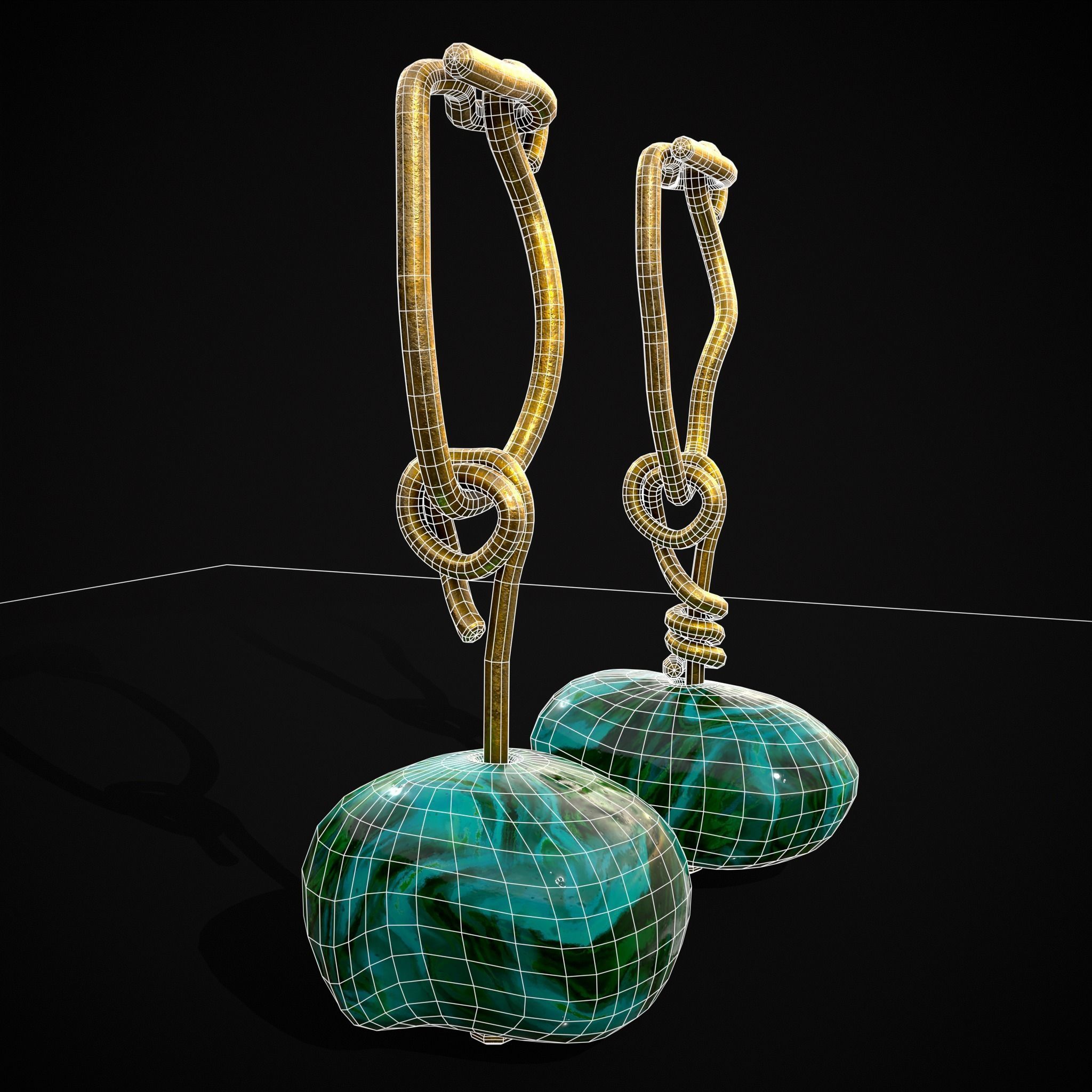 Gold Hand Made Malachite Stone Earrings  Low-poly 3D model_27
