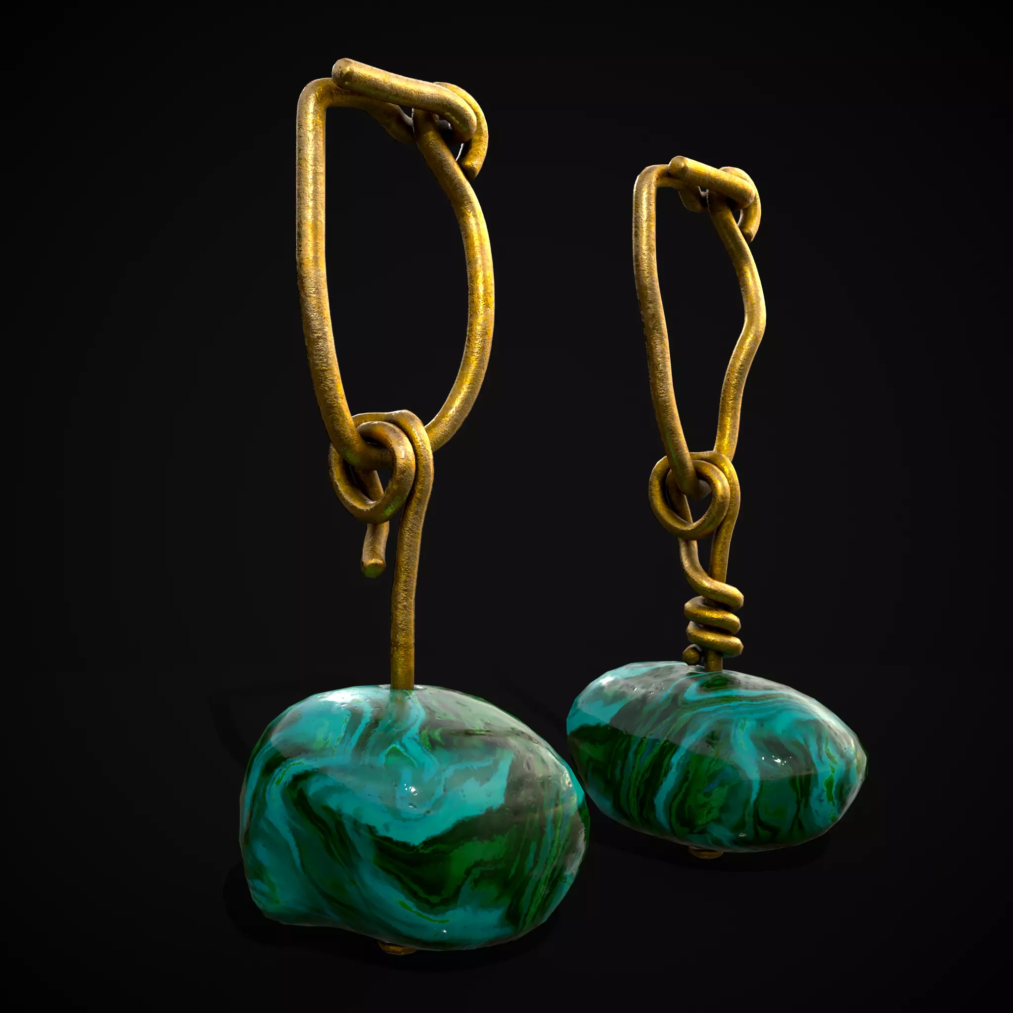Gold Hand Made Malachite Stone Earrings  Low-poly 3D model_0