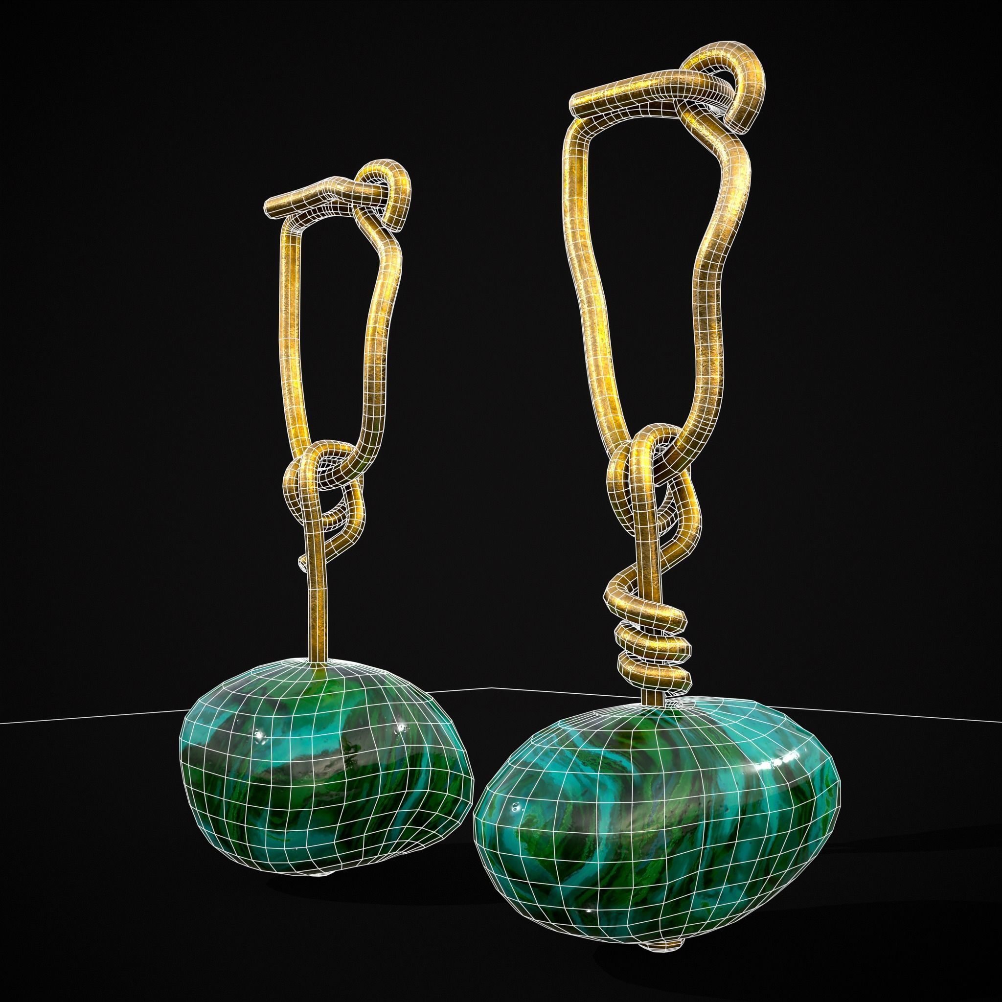 Gold Hand Made Malachite Stone Earrings  Low-poly 3D model_28