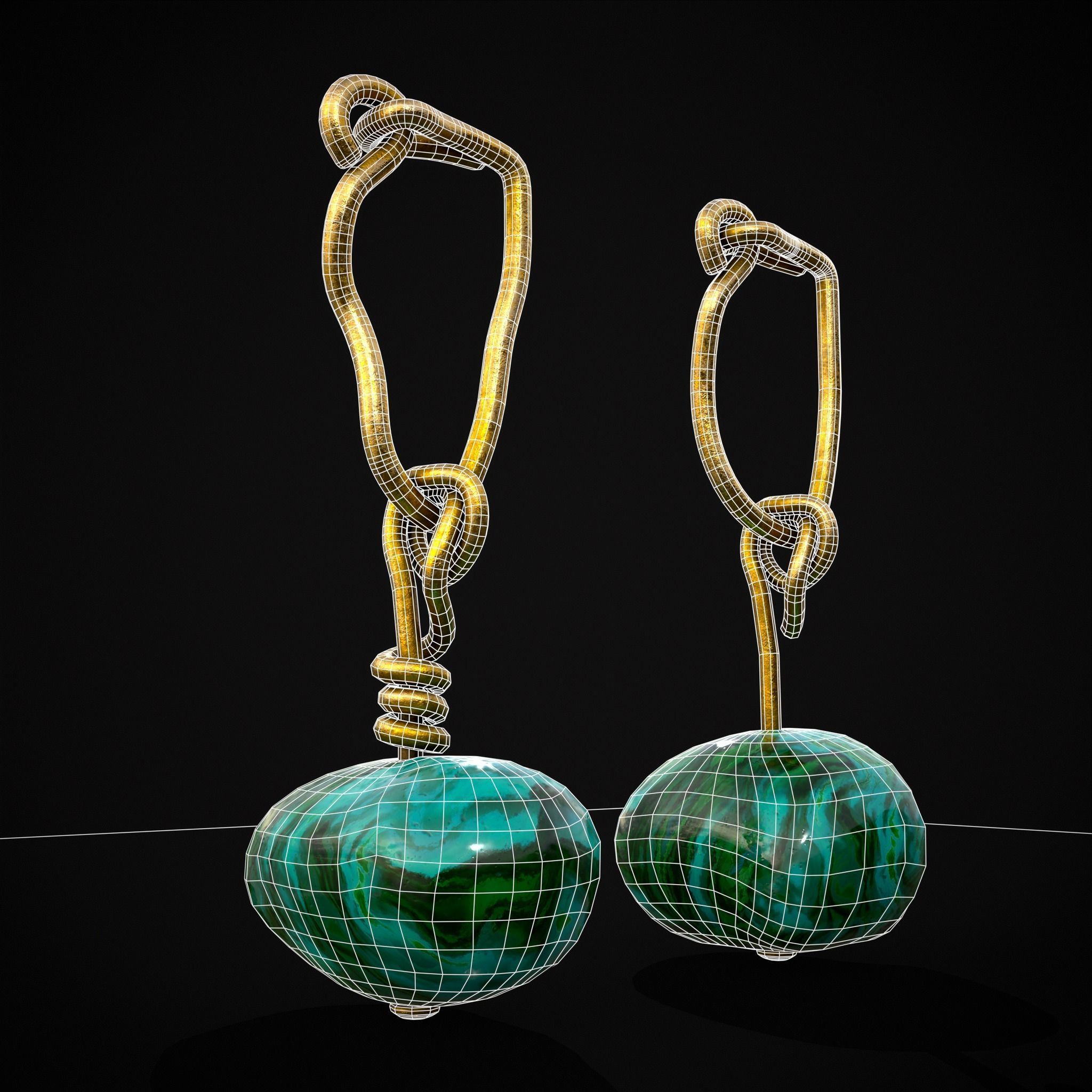Gold Hand Made Malachite Stone Earrings  Low-poly 3D model_14