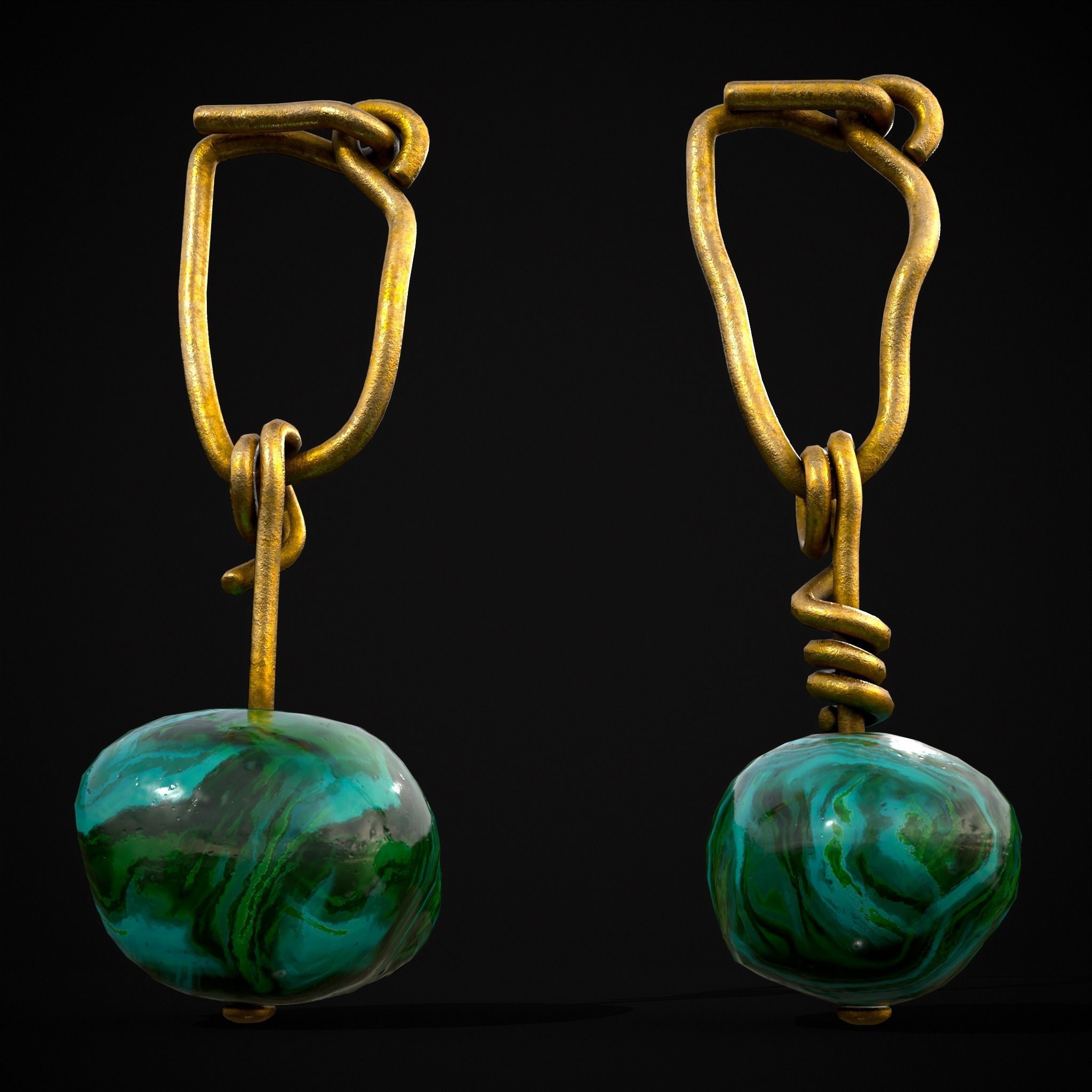 Gold Hand Made Malachite Stone Earrings  Low-poly 3D model_17