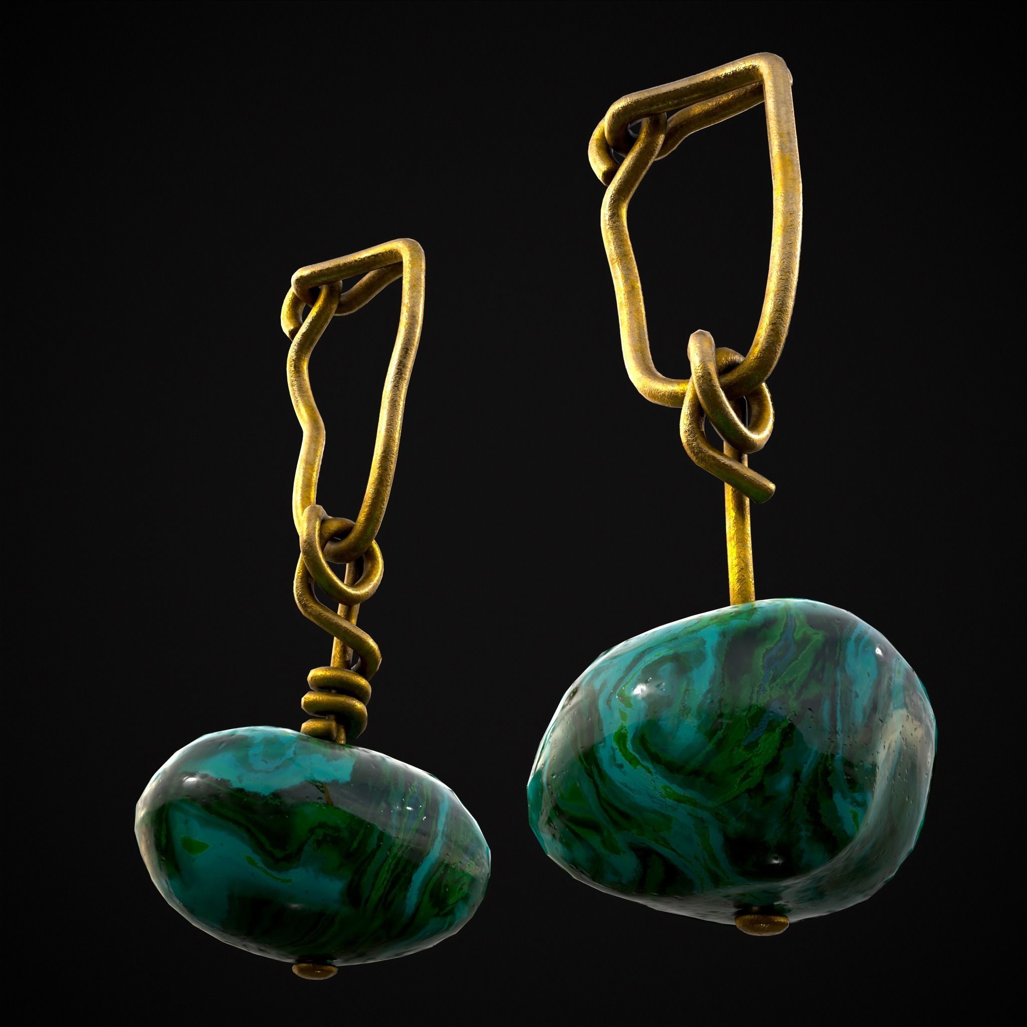 Gold Hand Made Malachite Stone Earrings  Low-poly 3D model_19