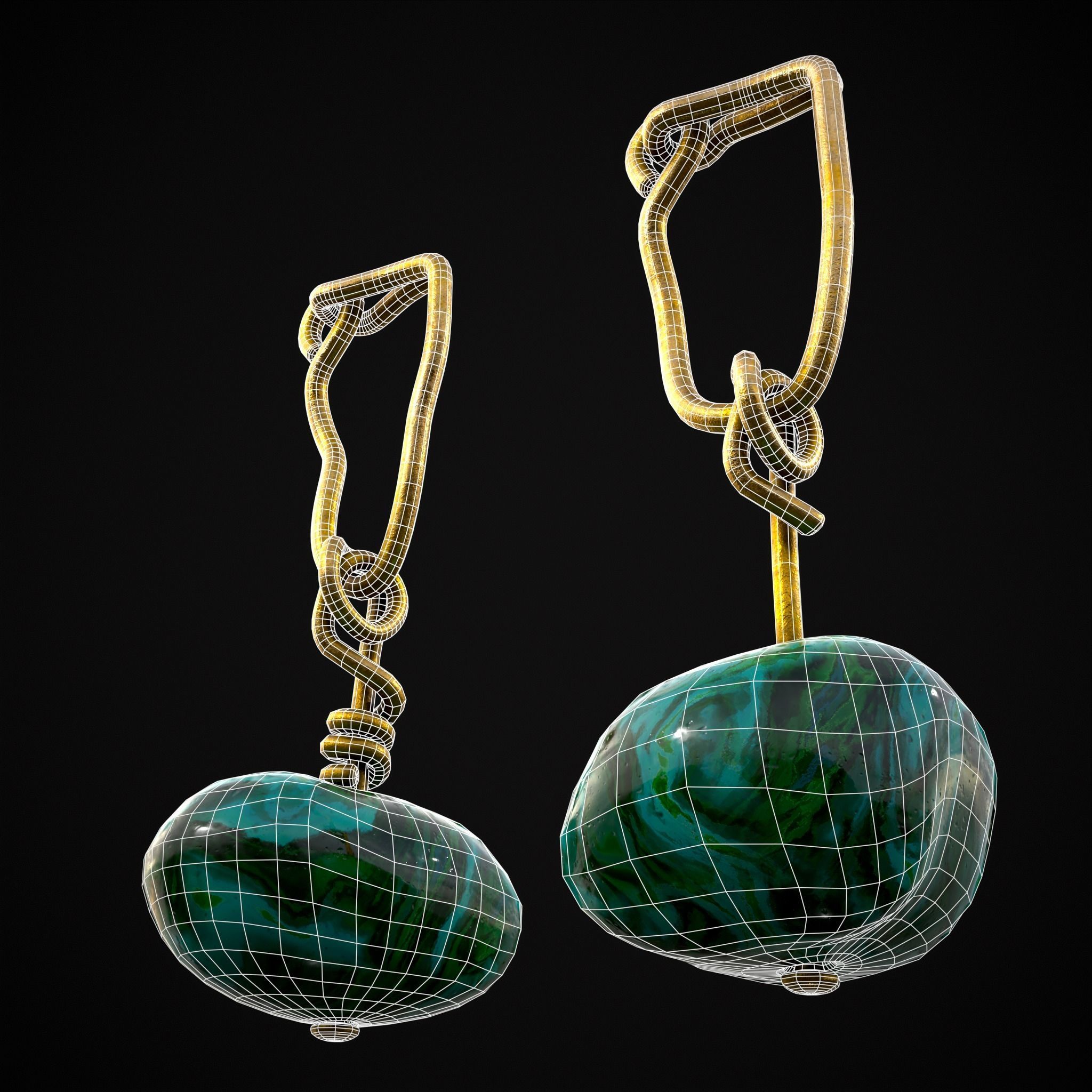 Gold Hand Made Malachite Stone Earrings  Low-poly 3D model_2