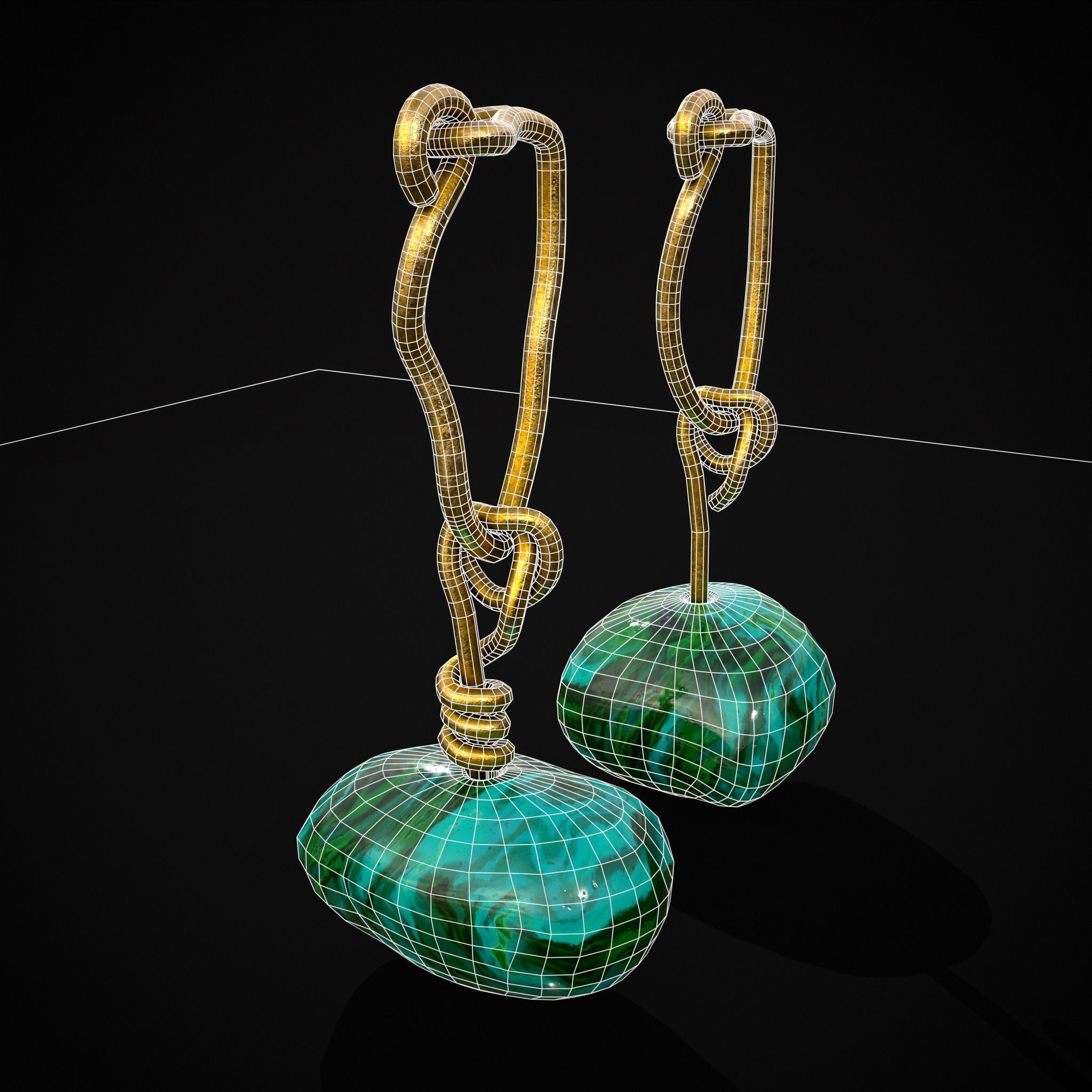 Gold Hand Made Malachite Stone Earrings  Low-poly 3D model_25