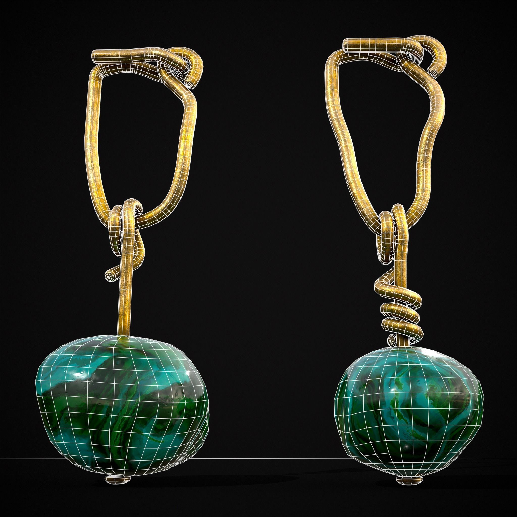 Gold Hand Made Malachite Stone Earrings  Low-poly 3D model_18