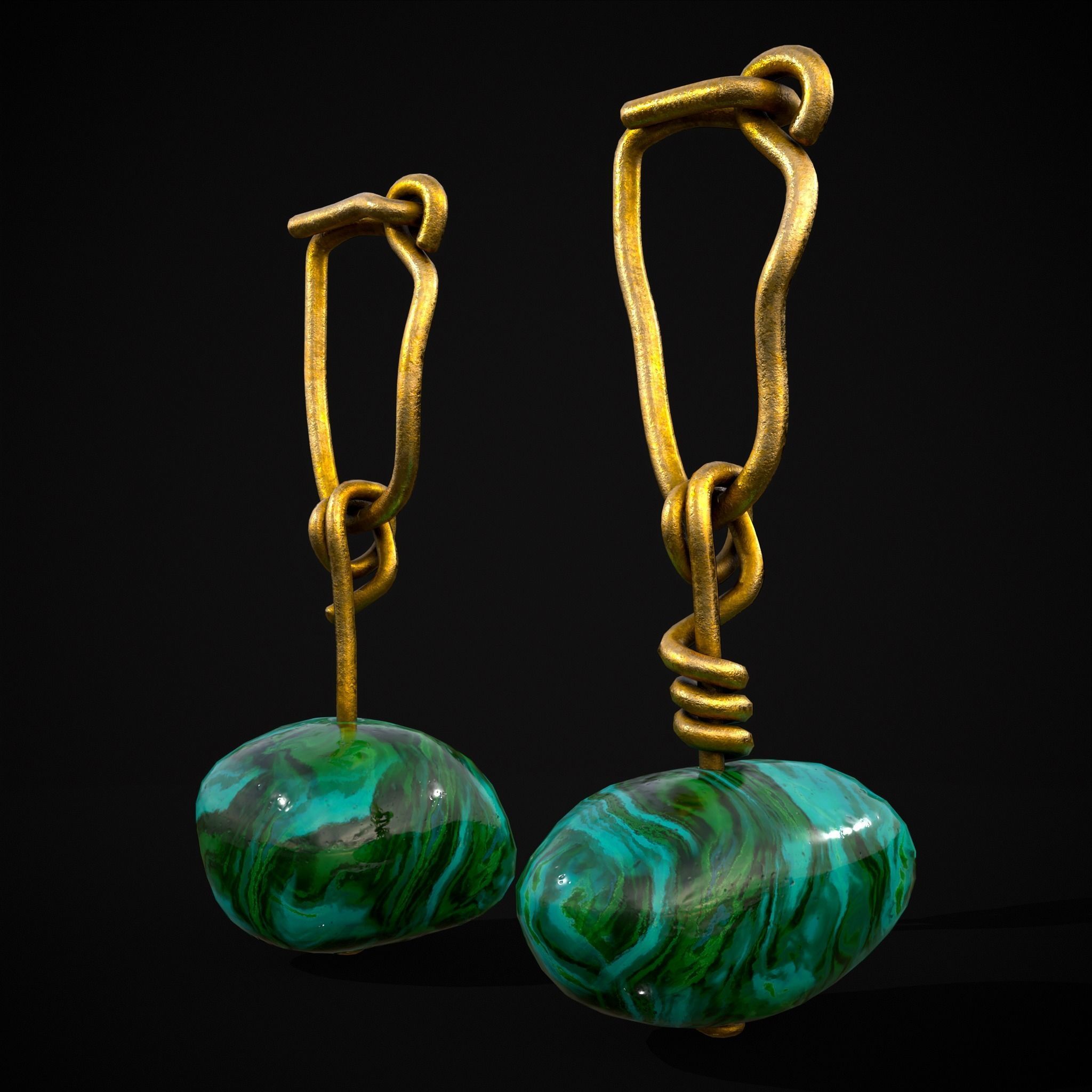 Gold Hand Made Malachite Stone Earrings  Low-poly 3D model_23
