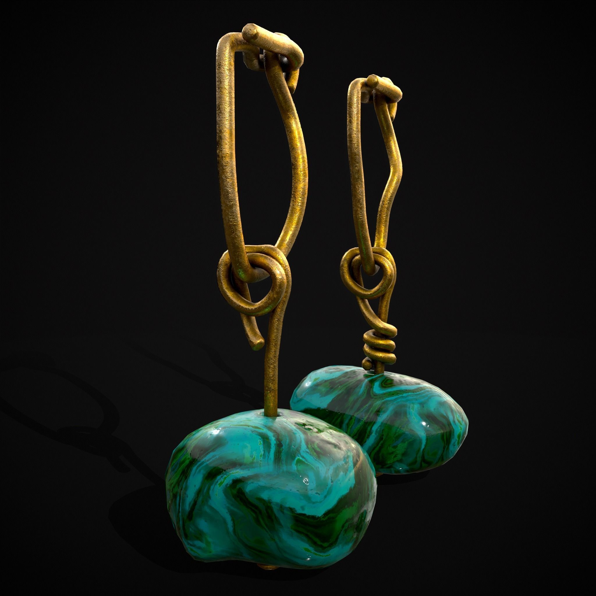 Gold Hand Made Malachite Stone Earrings  Low-poly 3D model_29