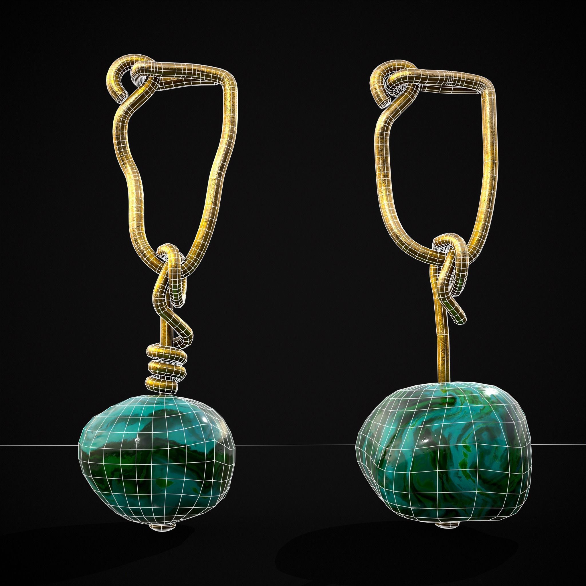Gold Hand Made Malachite Stone Earrings  Low-poly 3D model_24