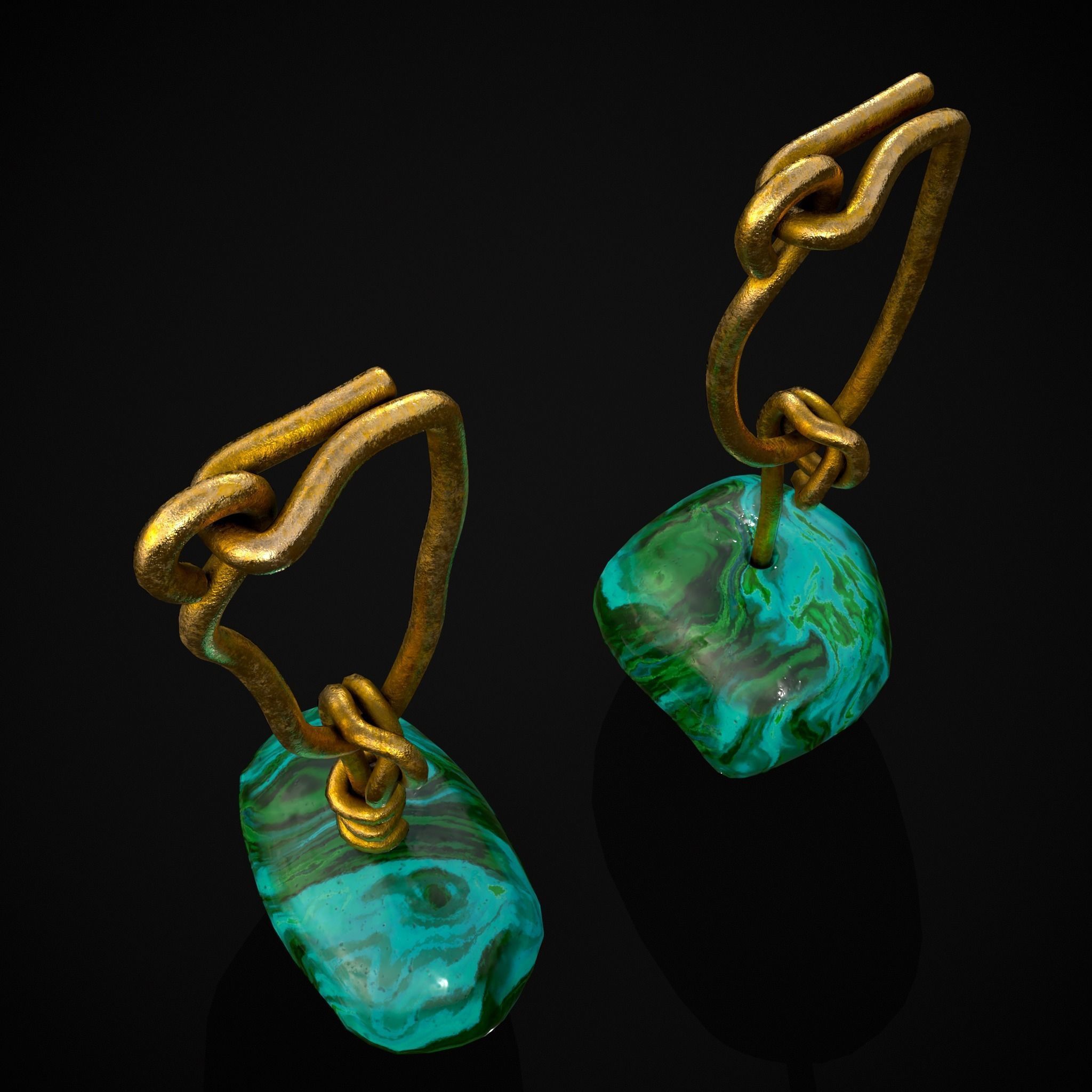 Gold Hand Made Malachite Stone Earrings  Low-poly 3D model_15