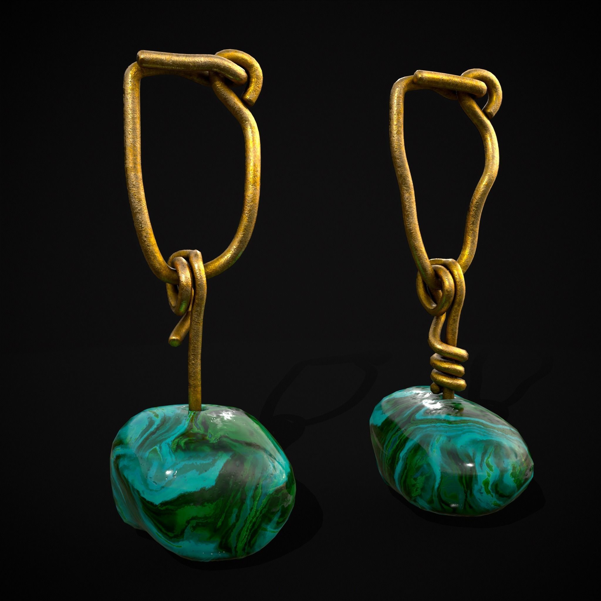 Gold Hand Made Malachite Stone Earrings  Low-poly 3D model_26