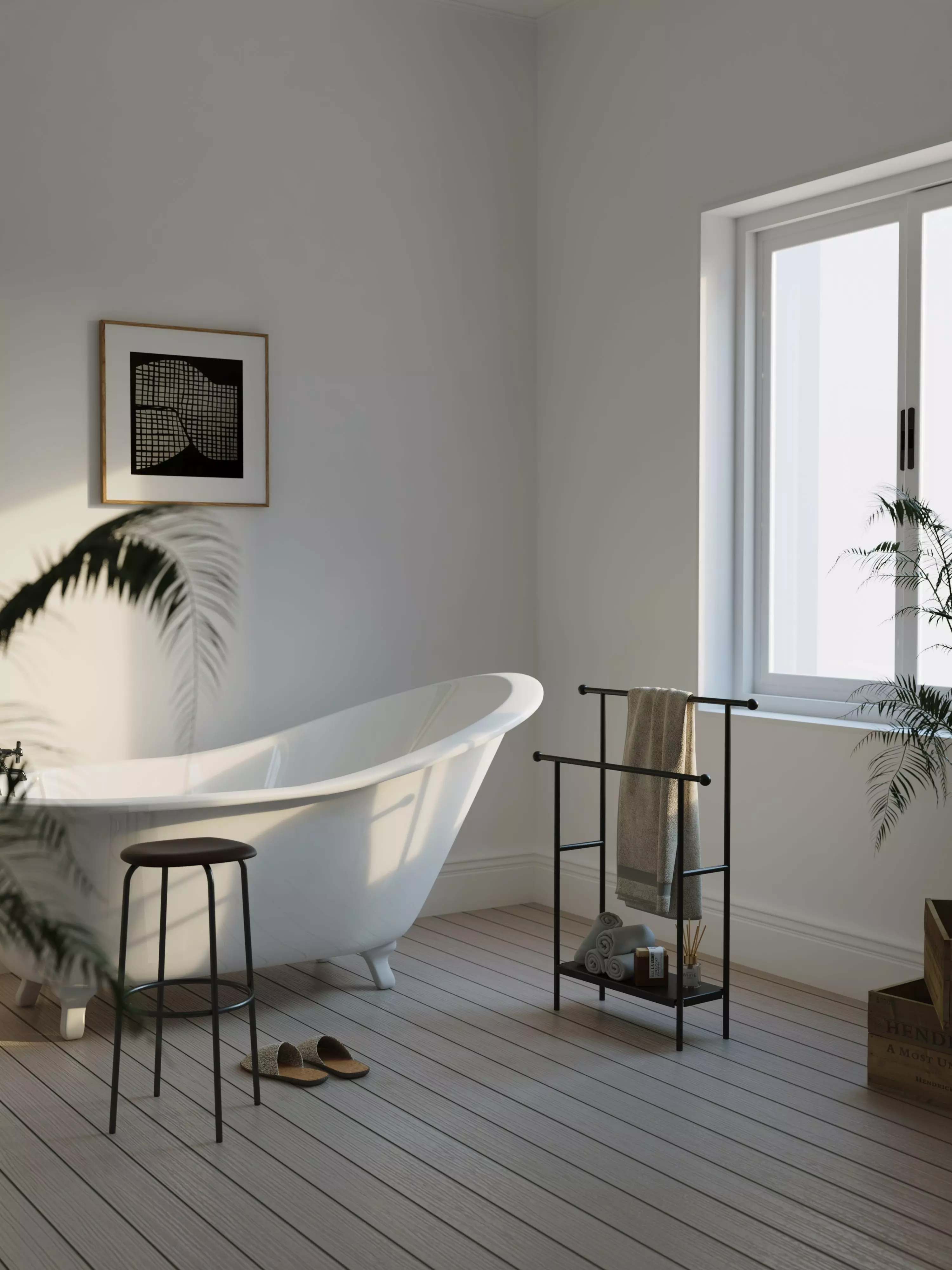 bathroom with bathtub and plants 3D model_0