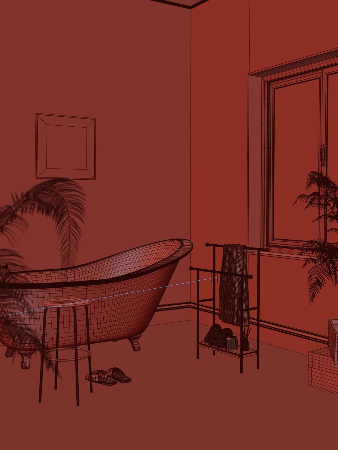 bathroom with bathtub and plants 3D model_1