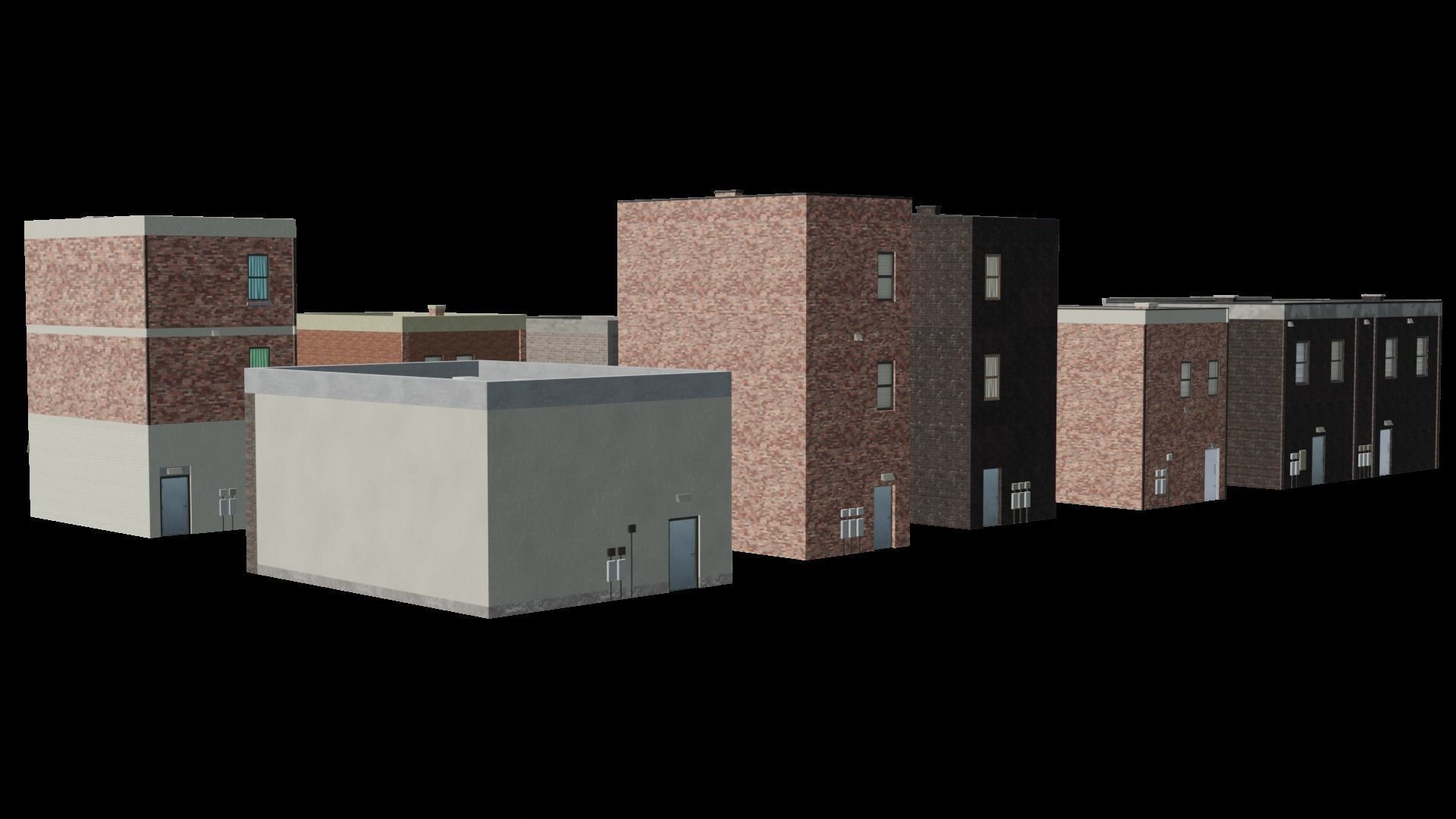 Small Town Row Buildings Pack Low-poly 3D model_5