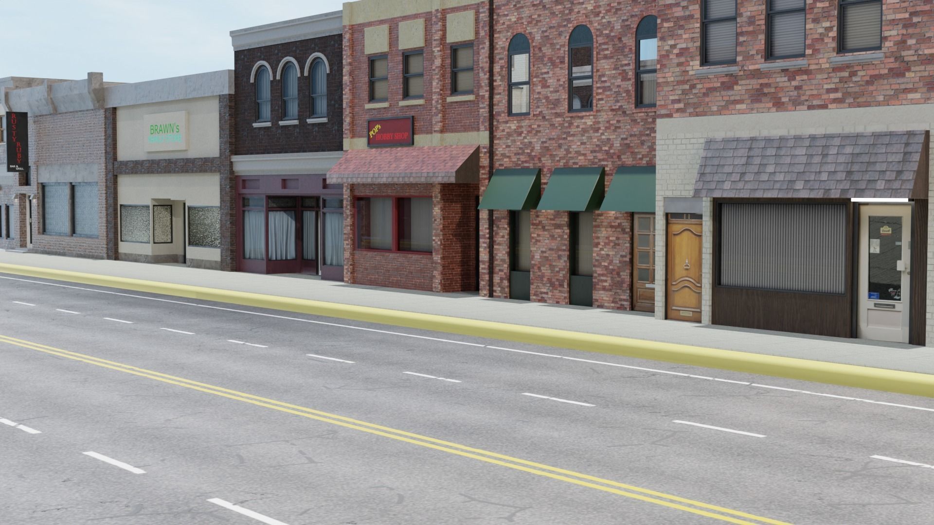 Small Town Row Buildings Pack Low-poly 3D model_1