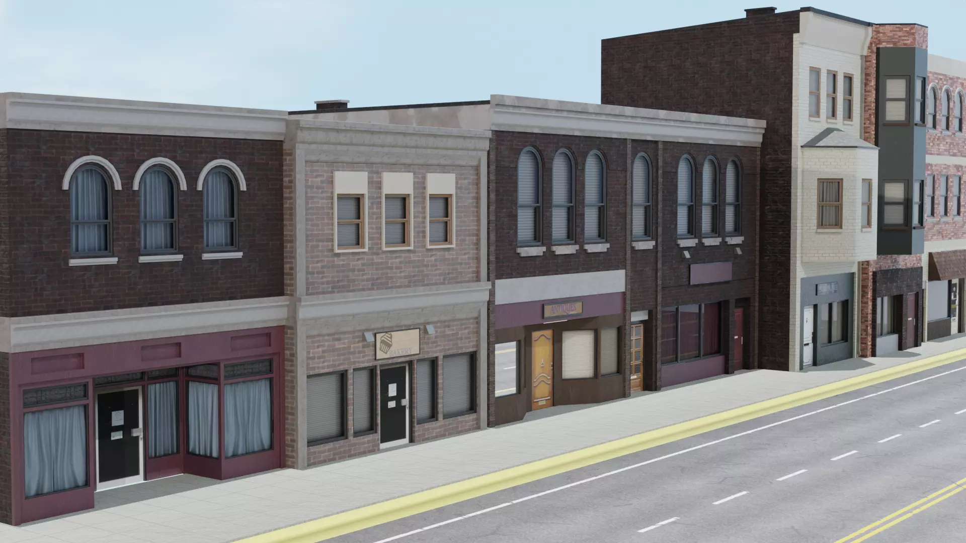 Small Town Row Buildings Pack Low-poly 3D model_0