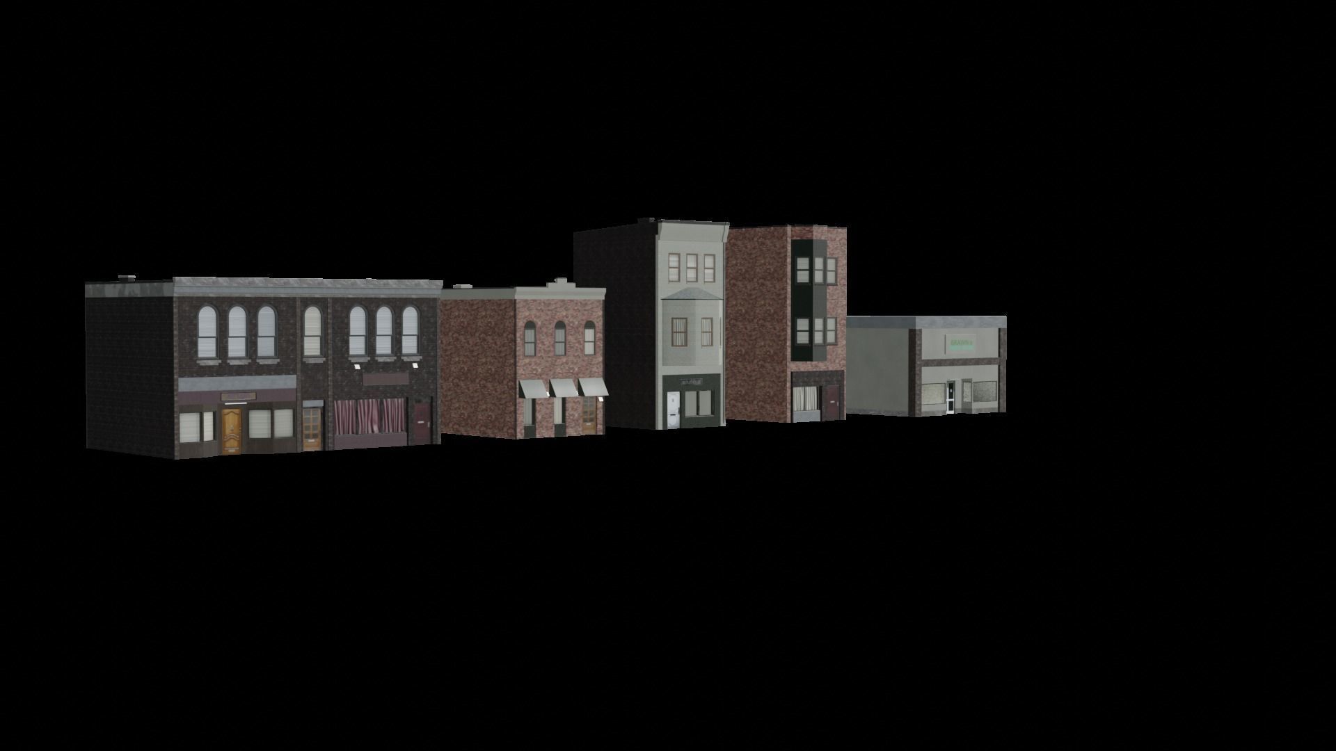 Small Town Row Buildings Pack Low-poly 3D model_4