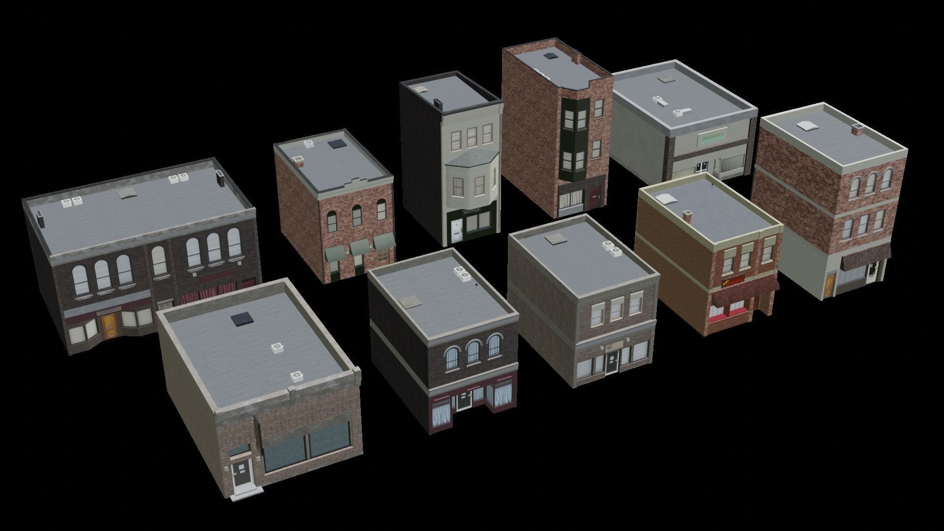 Small Town Row Buildings Pack Low-poly 3D model_2