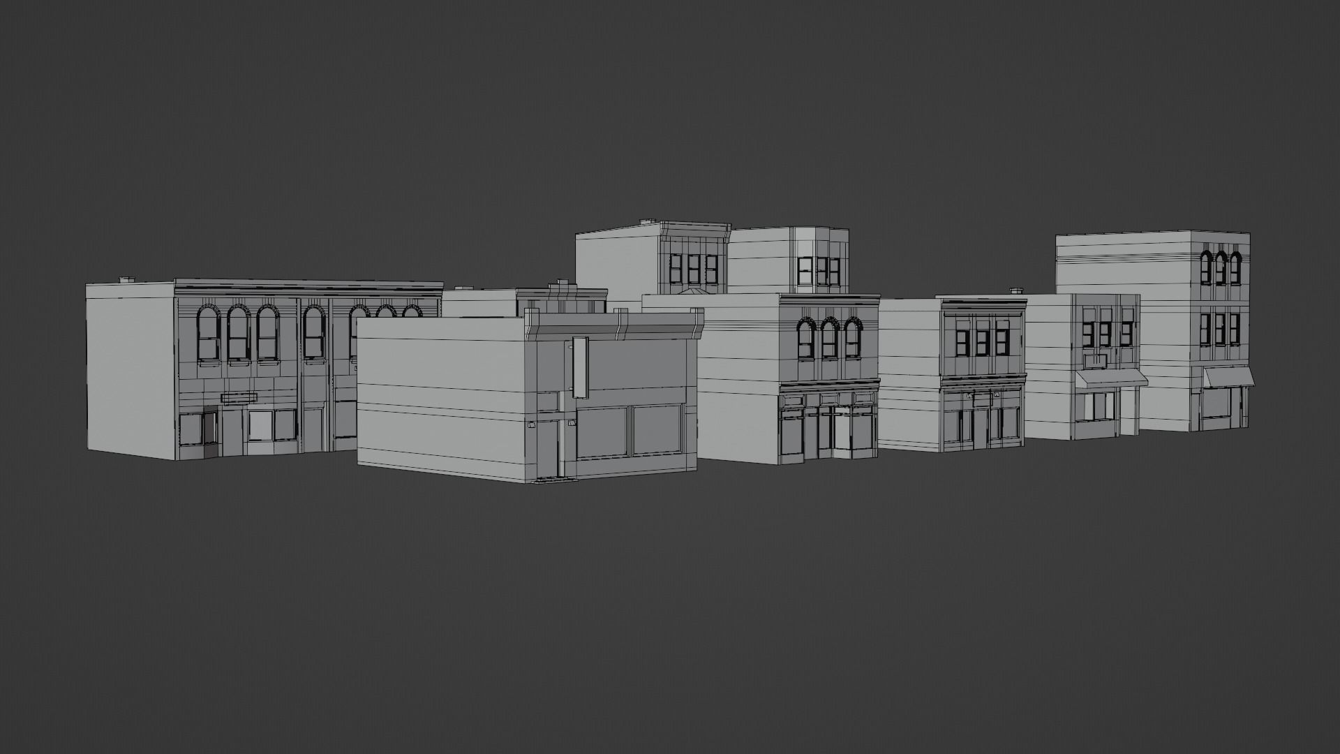 Small Town Row Buildings Pack Low-poly 3D model_8